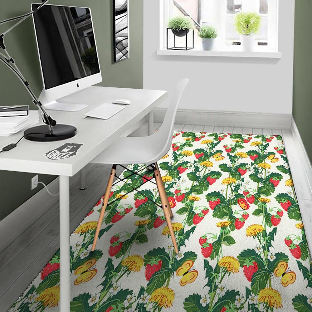 Flower And Strawberry Print Pattern Floor Mat-grizzshop