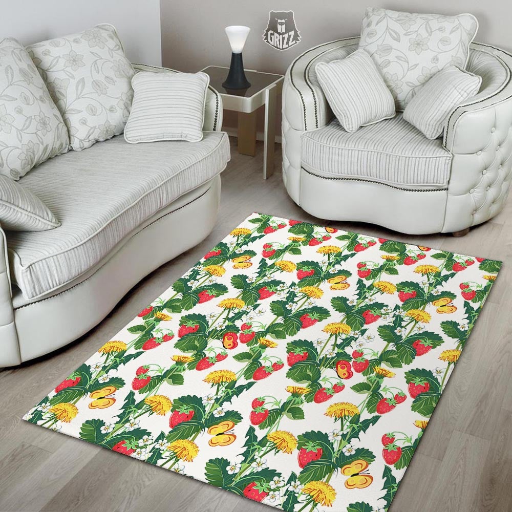 Flower And Strawberry Print Pattern Floor Mat-grizzshop