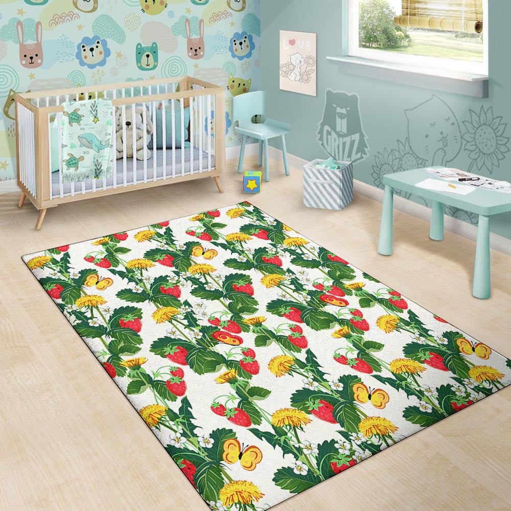Flower And Strawberry Print Pattern Floor Mat-grizzshop