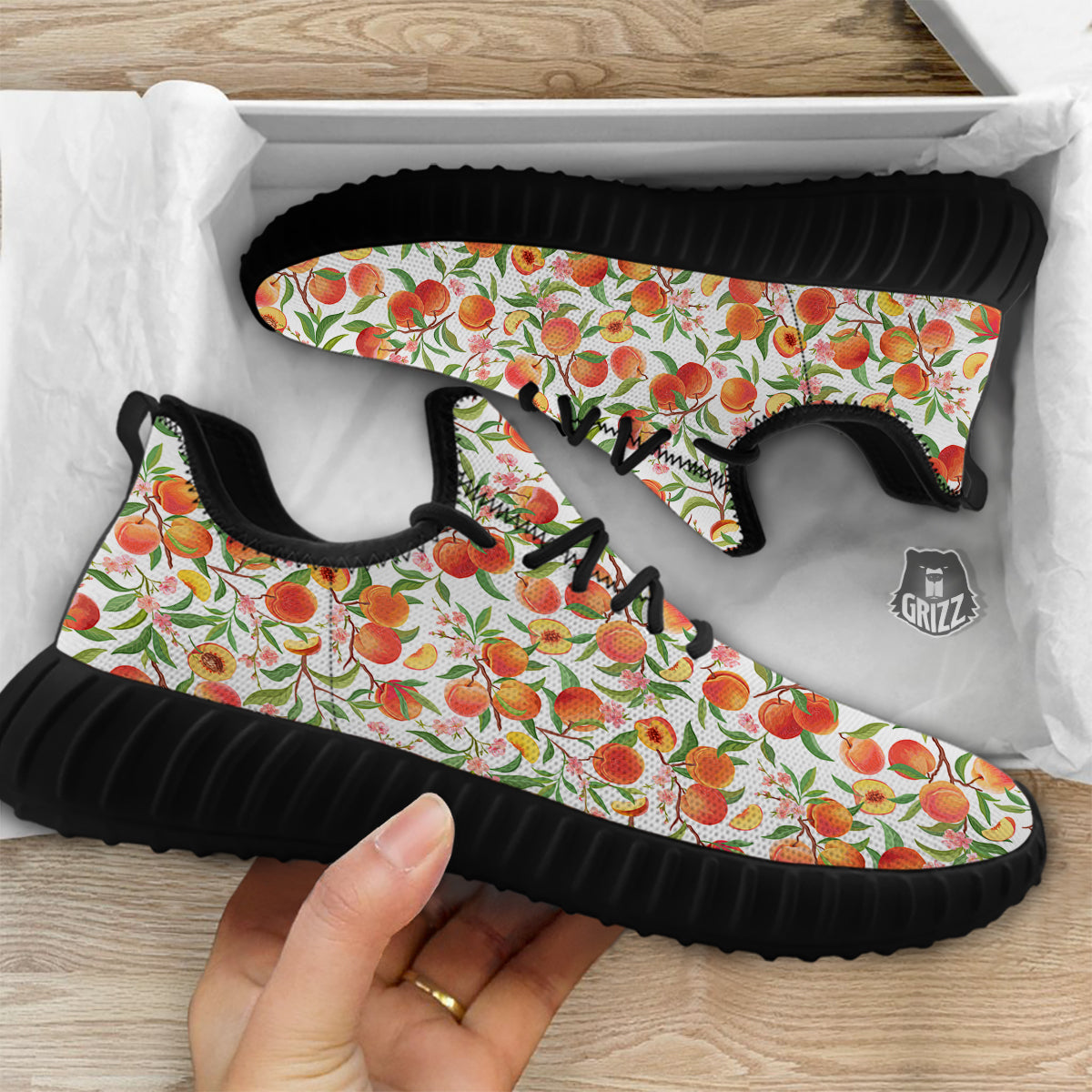 Flower Apricot And Print Pattern Black Walking Shoes-grizzshop