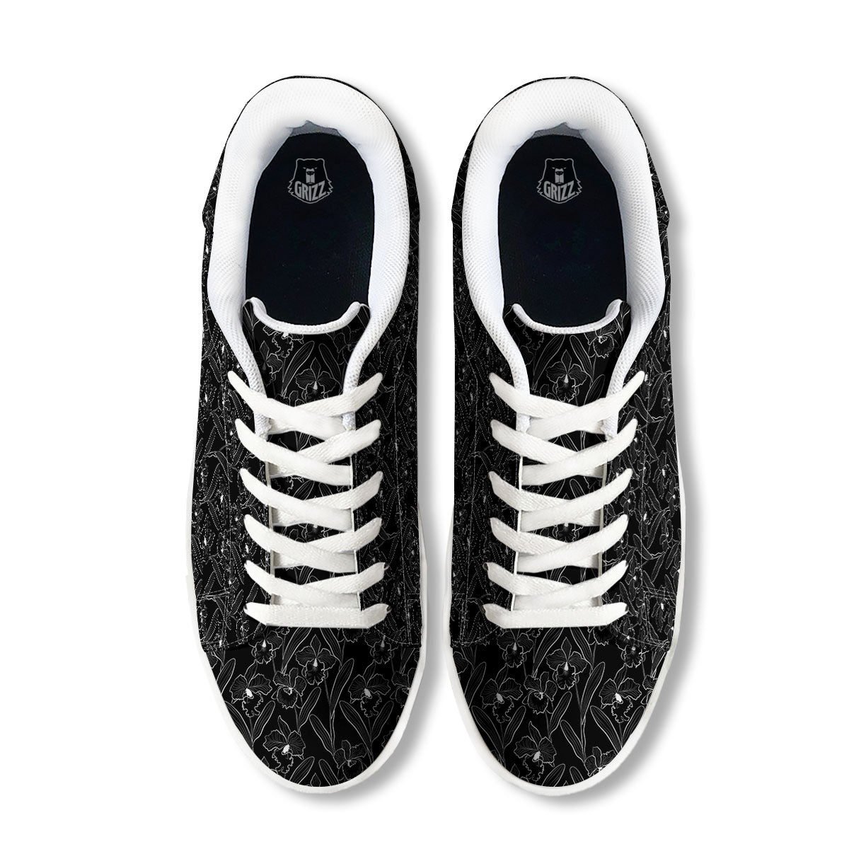 Flower Black Cattleya Print Pattern White Low Top Sneakers-grizzshop
