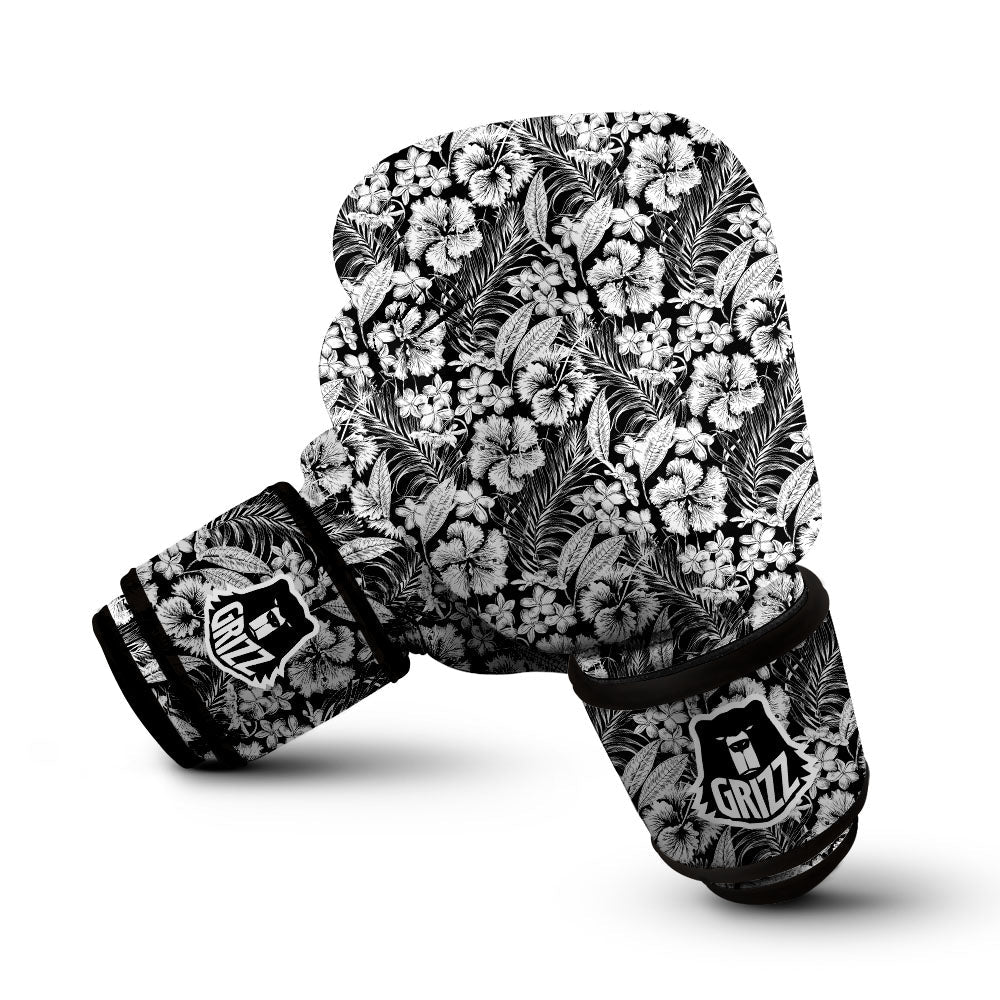 Flower Black Plumeria Print Pattern Boxing Gloves-grizzshop