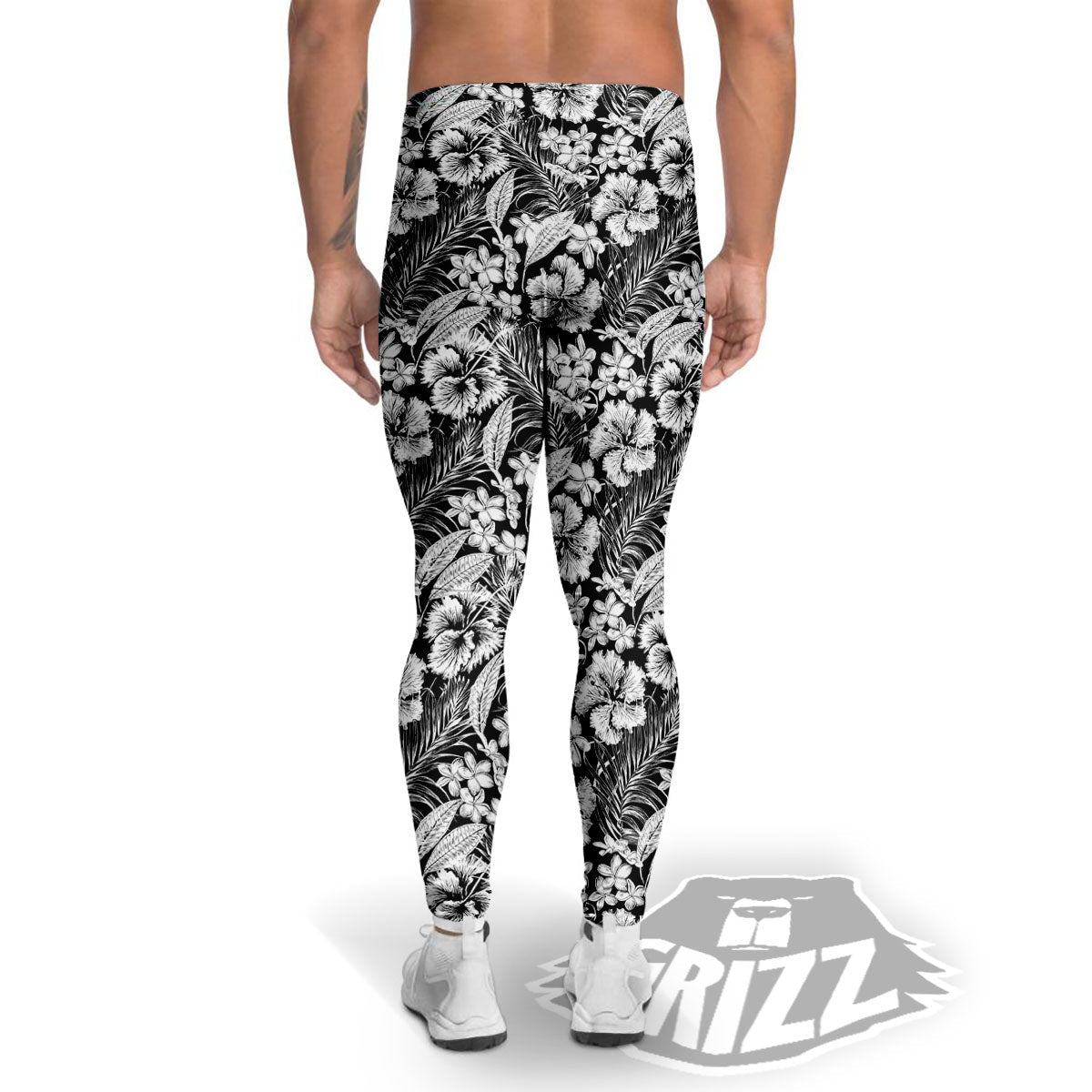 Flower Black Plumeria Print Pattern Men's Leggings-grizzshop