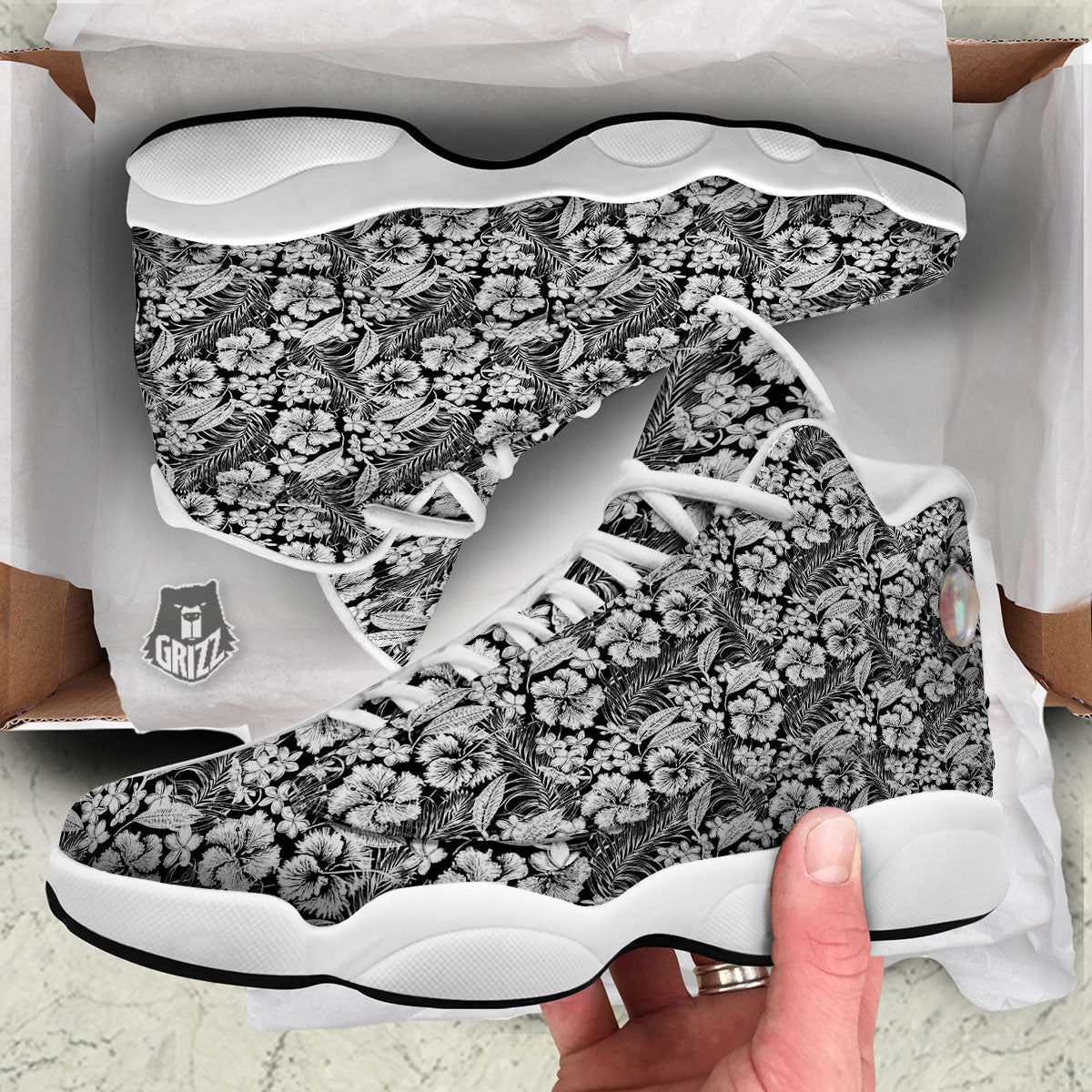 Flower Black Plumeria Print Pattern White Basketball Shoes-grizzshop