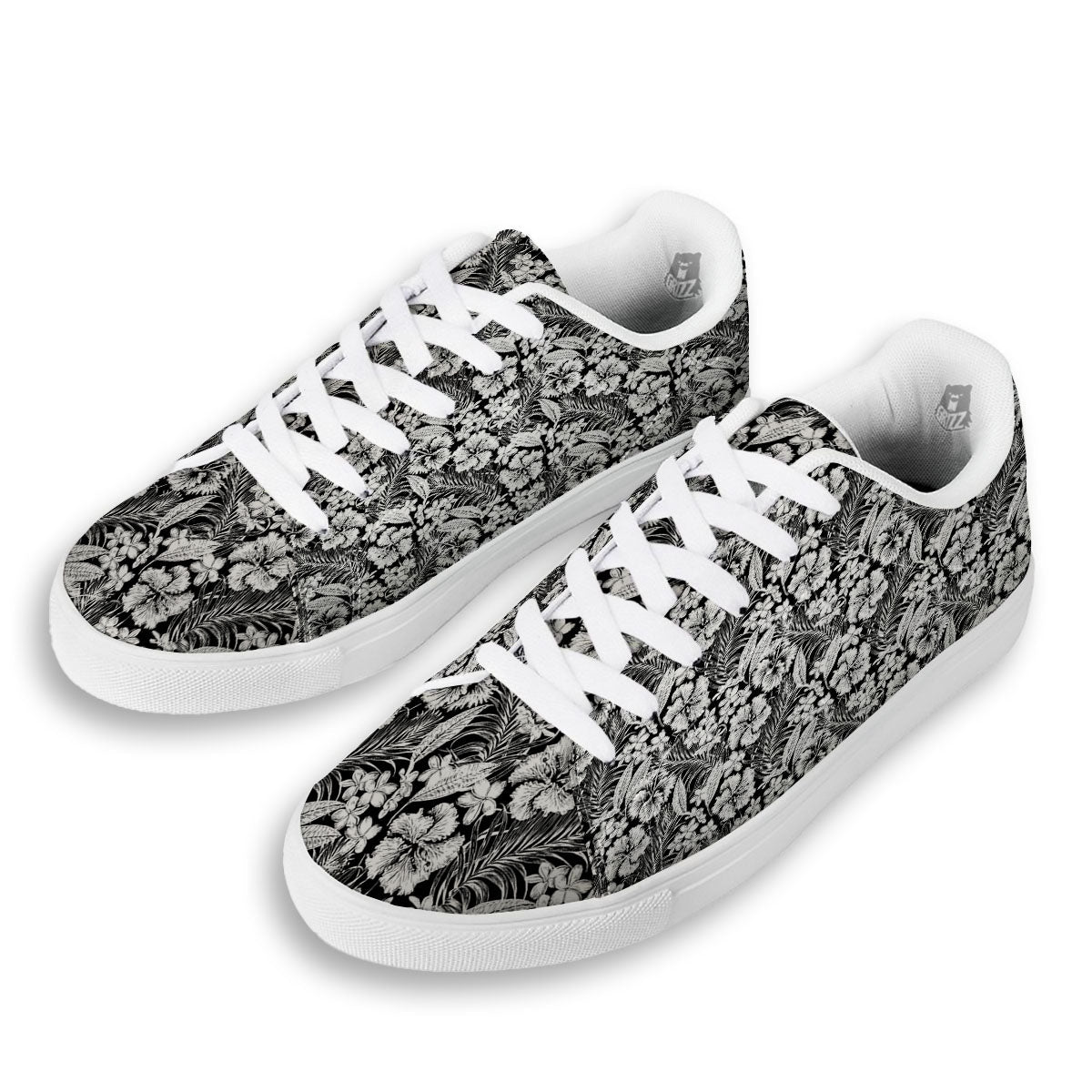 Flower Black Plumeria Print Pattern White Low Top Sneakers-grizzshop