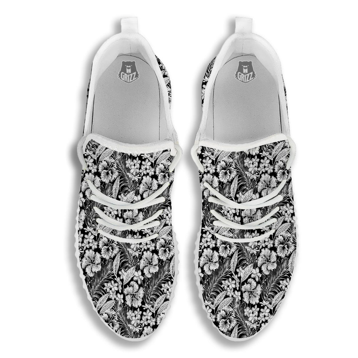 Flower Black Plumeria Print Pattern White Walking Shoes-grizzshop