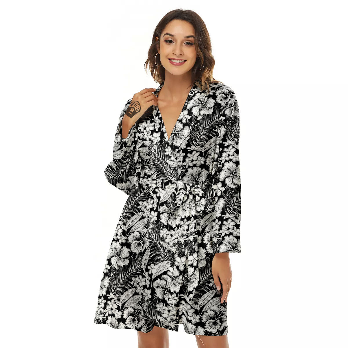 Flower Black Plumeria Print Pattern Women's Robe-grizzshop