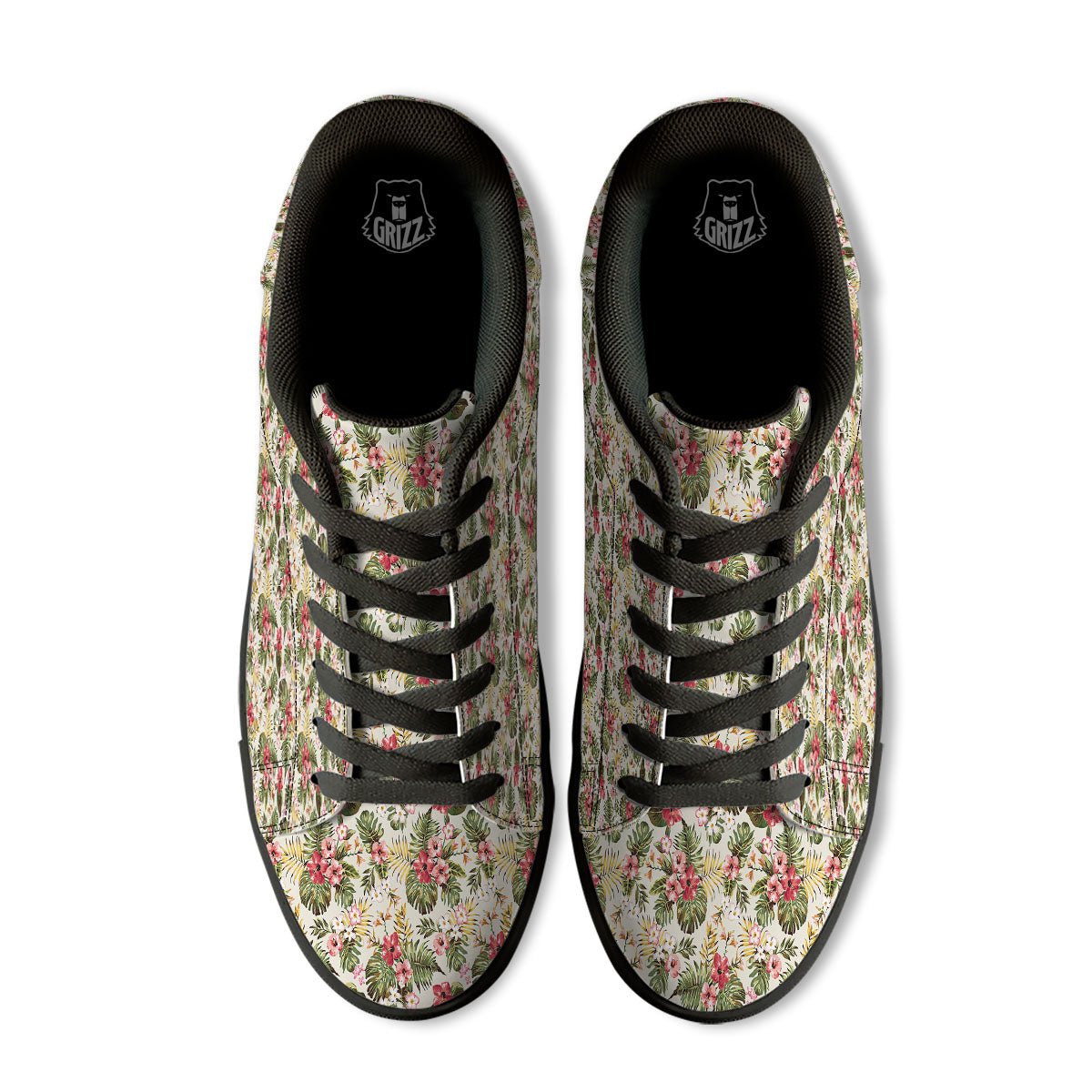 Flower Blossom Tropical Print Pattern Black Low Top Sneakers-grizzshop