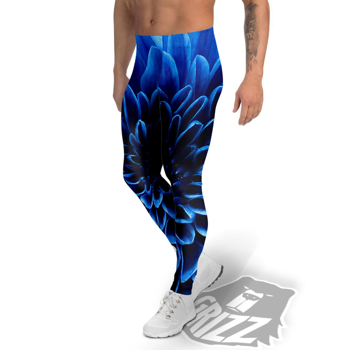 Flower Blue Chrysanthemum Print Men's Leggings-grizzshop