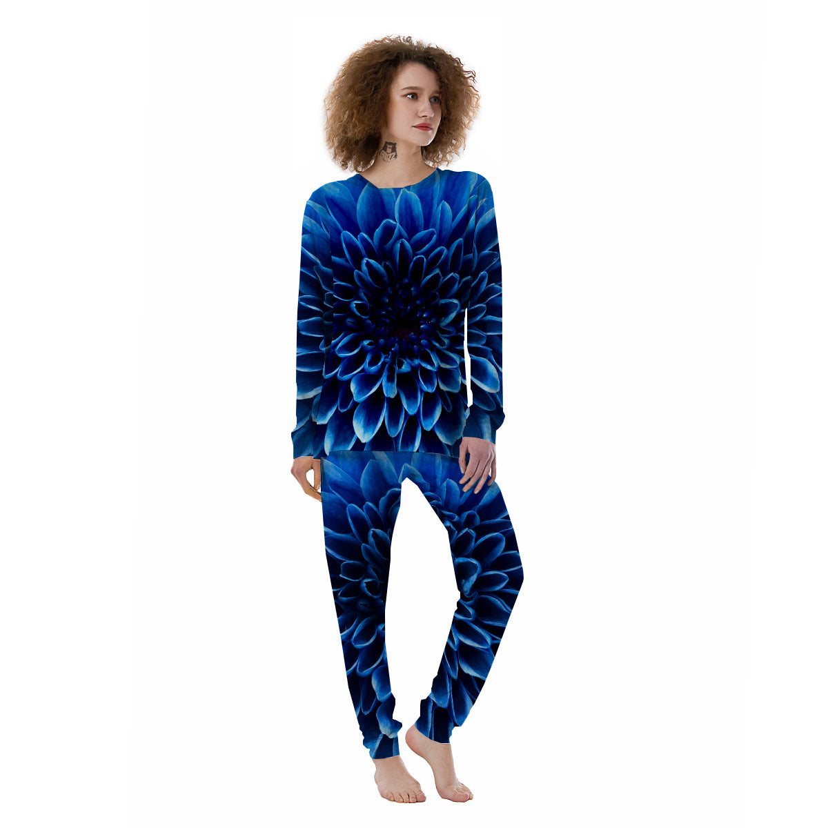 Flower Blue Chrysanthemum Print Women's Pajamas-grizzshop
