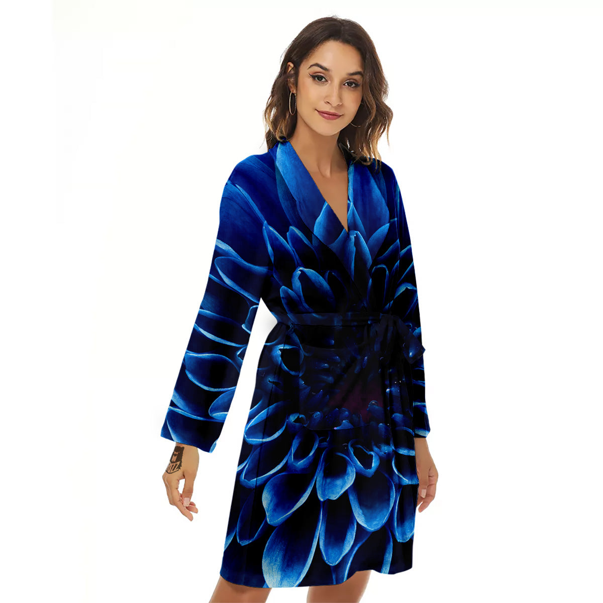 Flower Blue Chrysanthemum Print Women's Robe-grizzshop