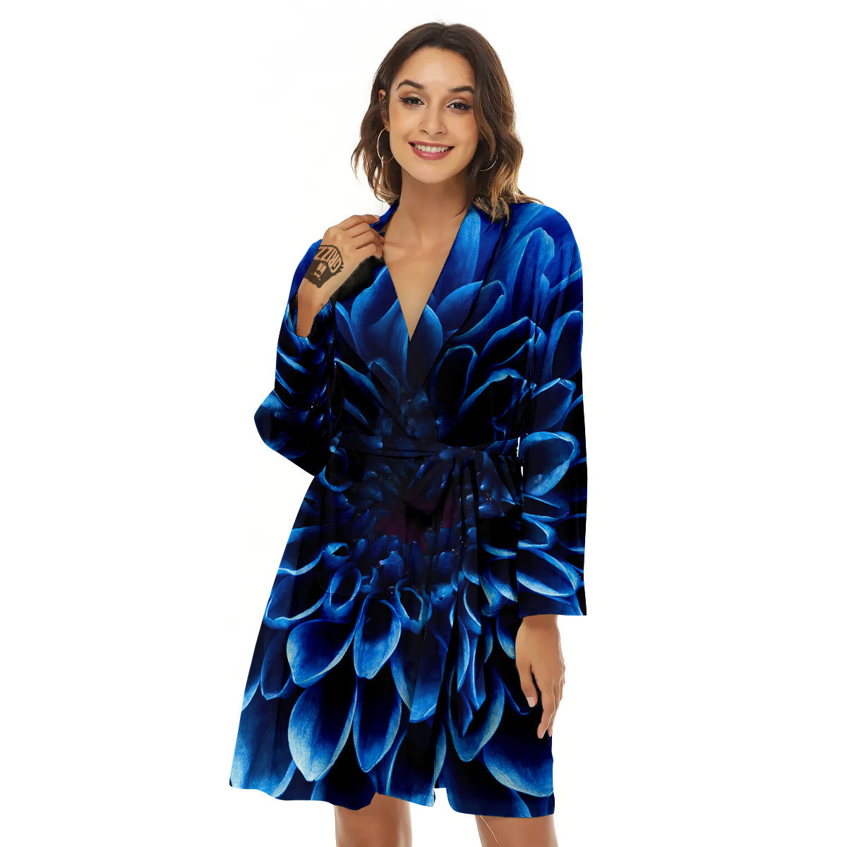 Flower Blue Chrysanthemum Print Women's Robe-grizzshop