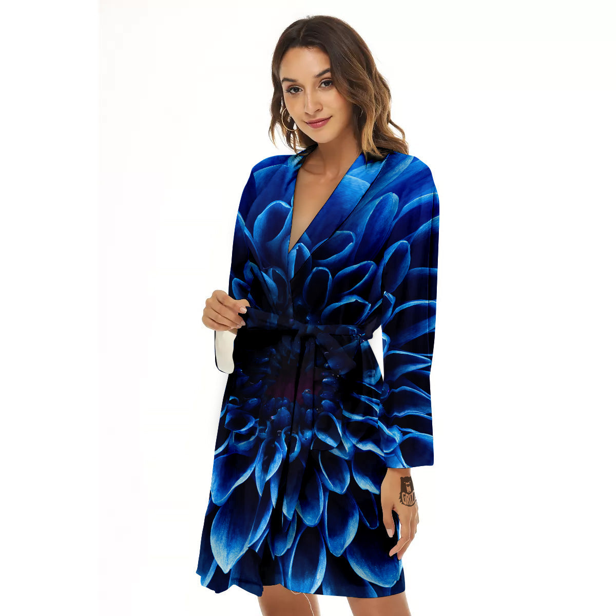 Flower Blue Chrysanthemum Print Women's Robe-grizzshop