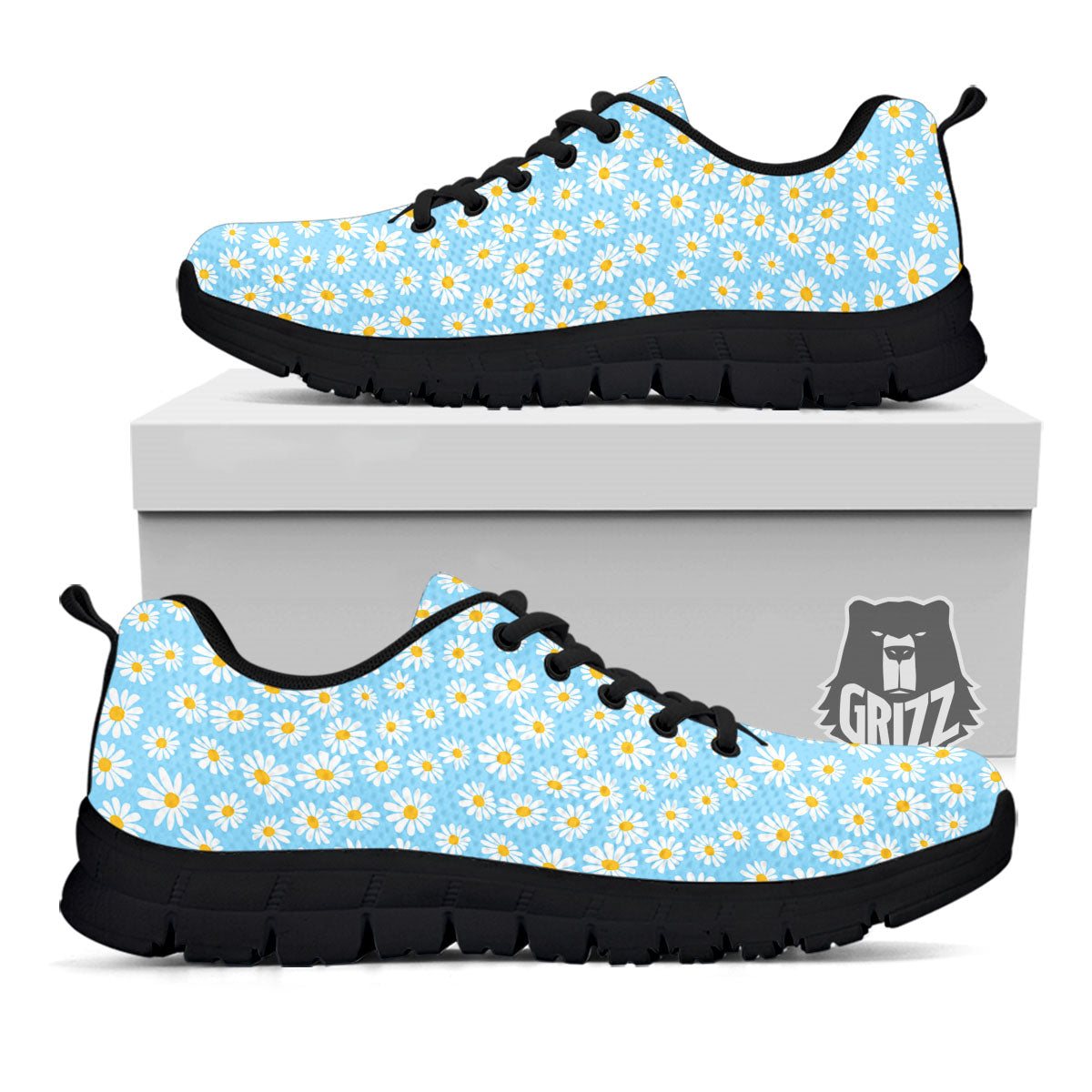 Flower Blue Daisy Print Pattern Black Sneaker-grizzshop