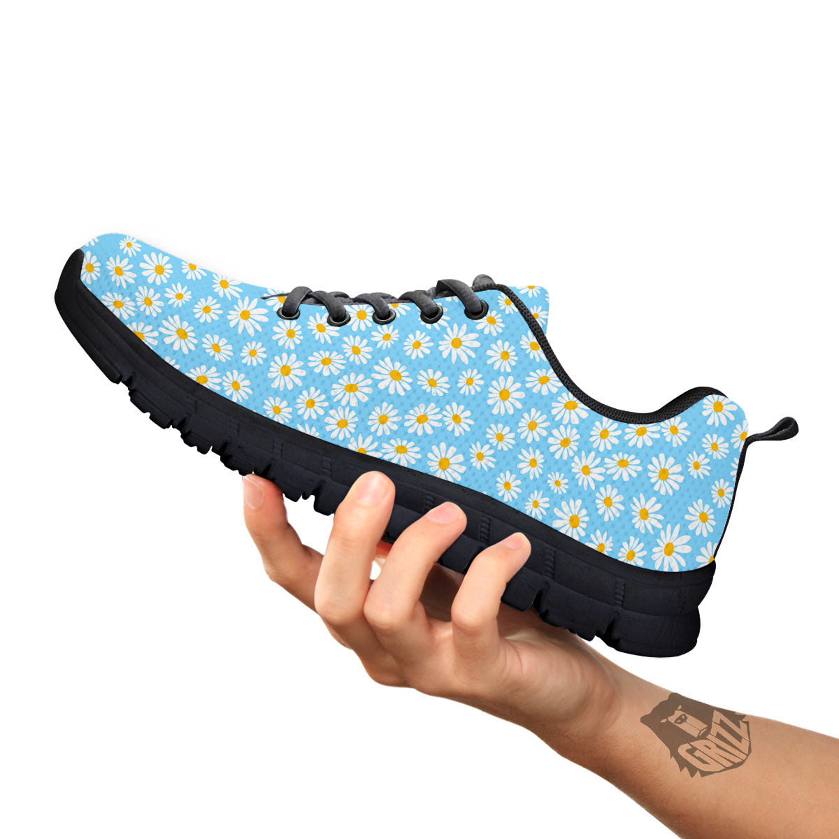 Flower Blue Daisy Print Pattern Black Sneaker-grizzshop