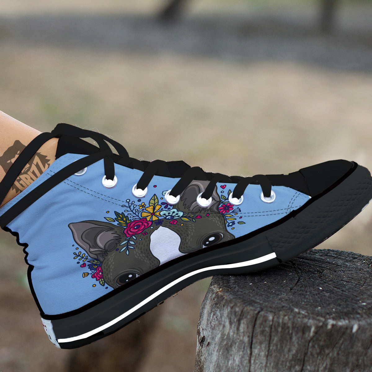 Flower Boston Terrier Cartoon Print Black High Top Shoes-grizzshop