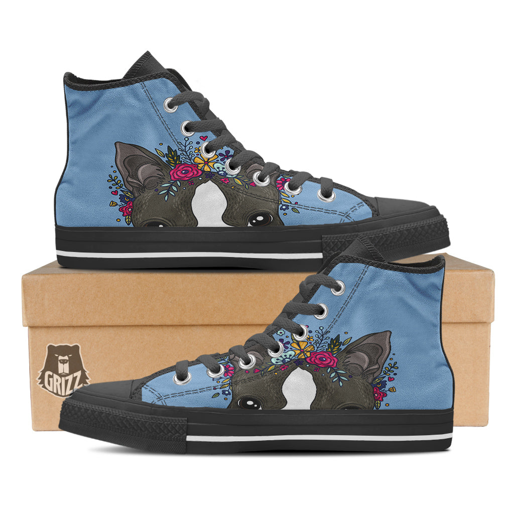 Flower Boston Terrier Cartoon Print Black High Top Shoes-grizzshop