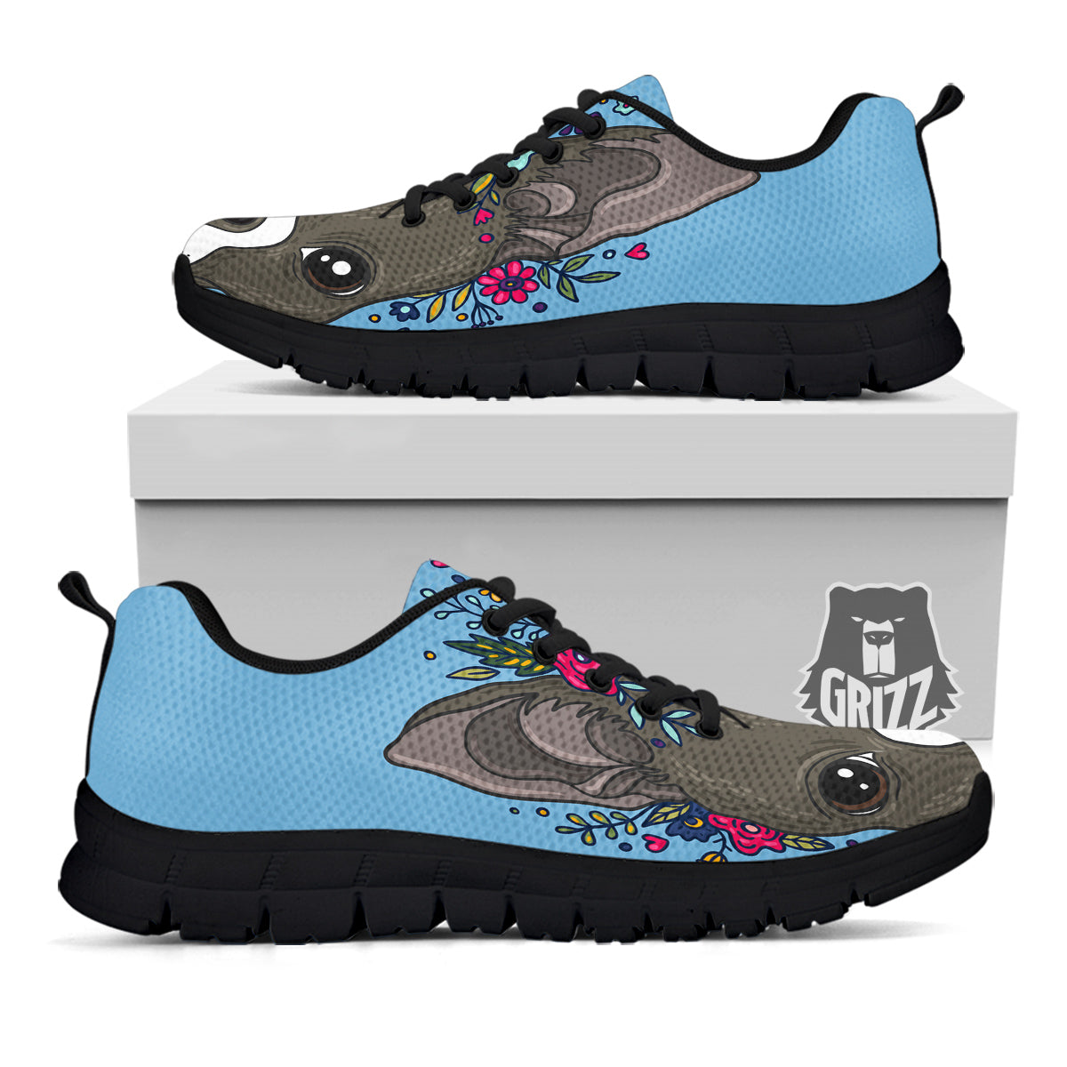 Flower Boston Terrier Cartoon Print Black Sneaker-grizzshop