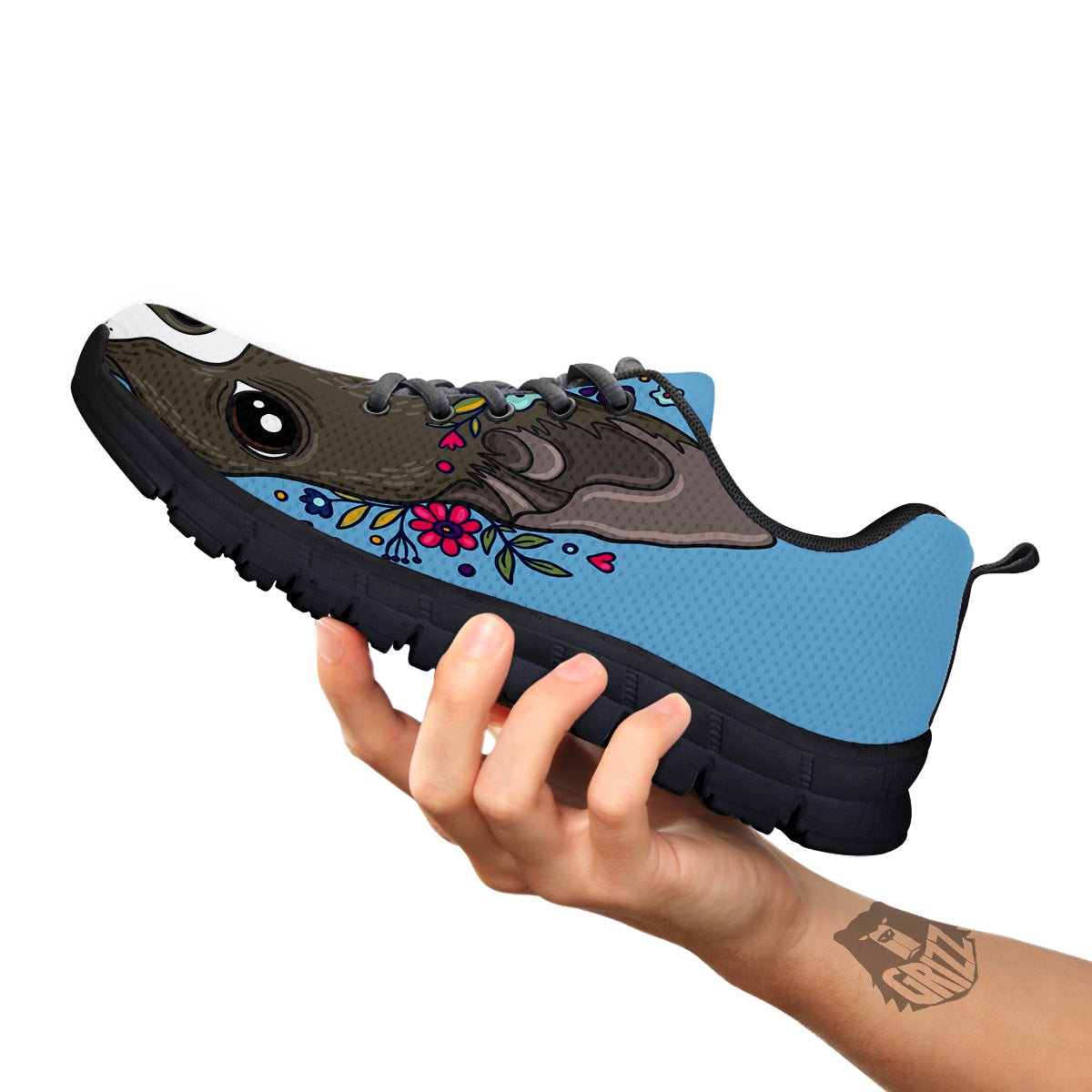 Flower Boston Terrier Cartoon Print Black Sneaker-grizzshop