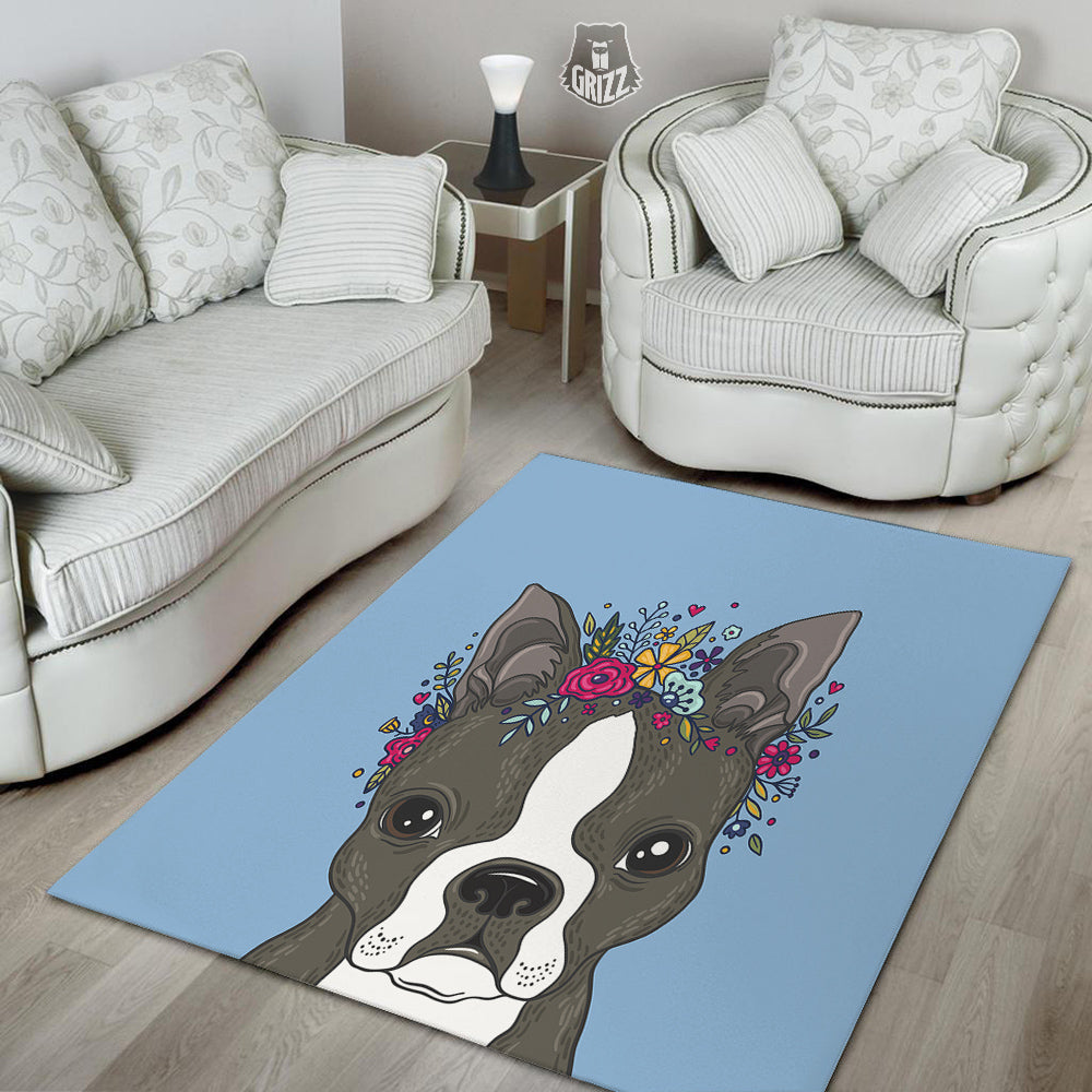Flower Boston Terrier Cartoon Print Floor Mat-grizzshop