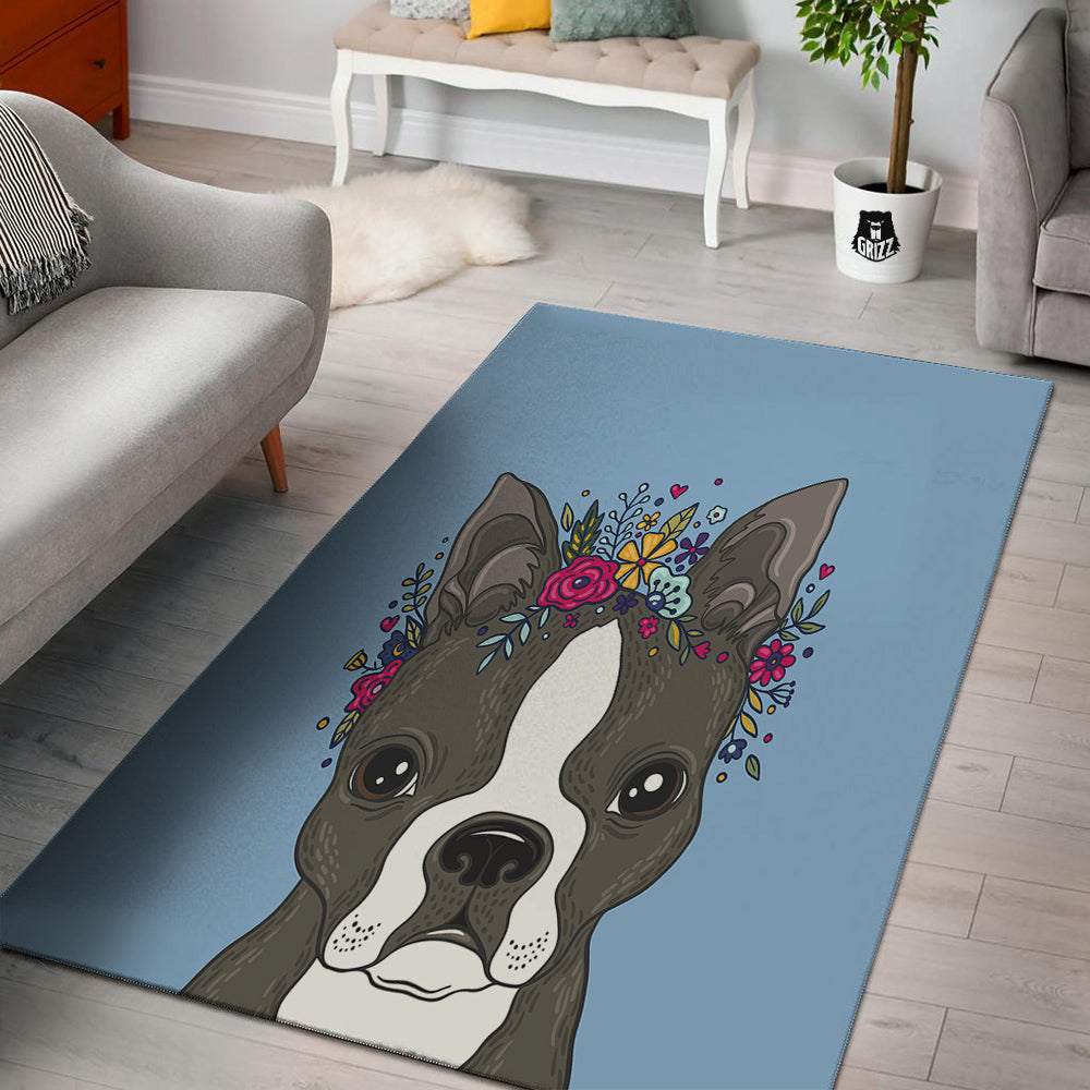 Flower Boston Terrier Cartoon Print Floor Mat-grizzshop