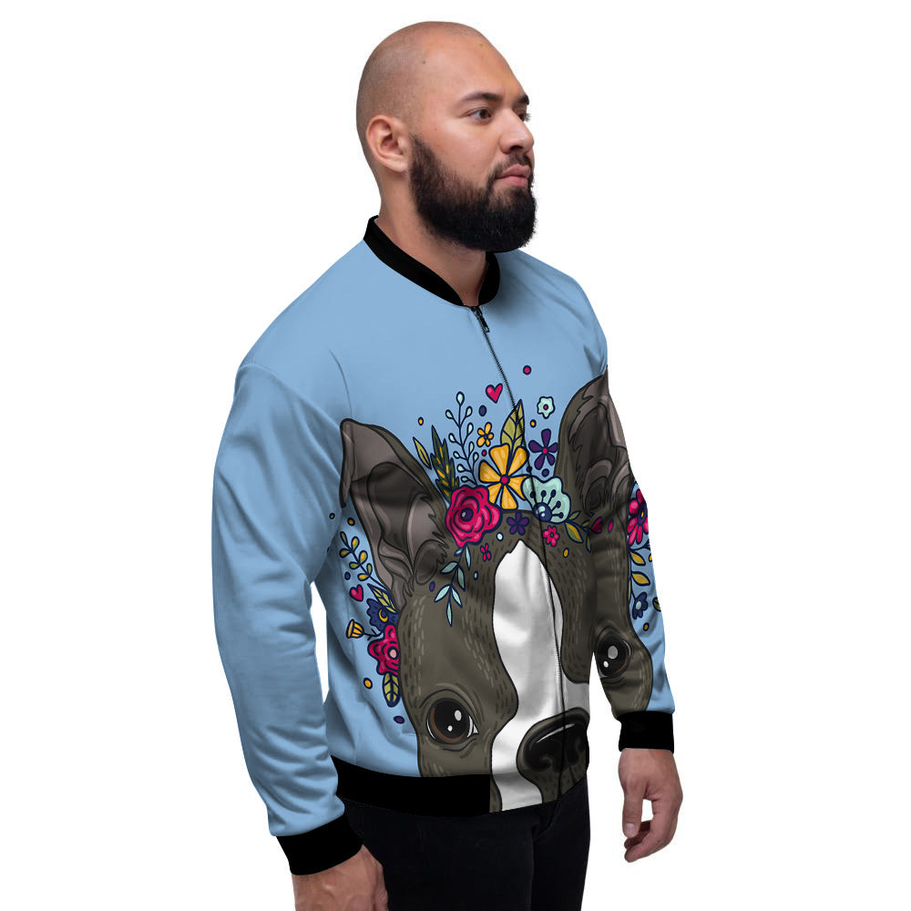 Flower Boston Terrier Cartoon Print Men's Bomber Jacket-grizzshop