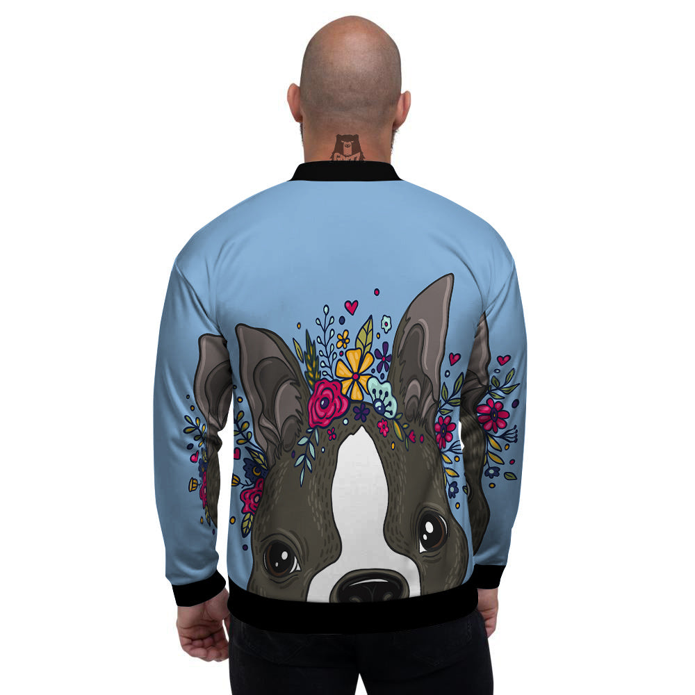 Flower Boston Terrier Cartoon Print Men's Bomber Jacket-grizzshop