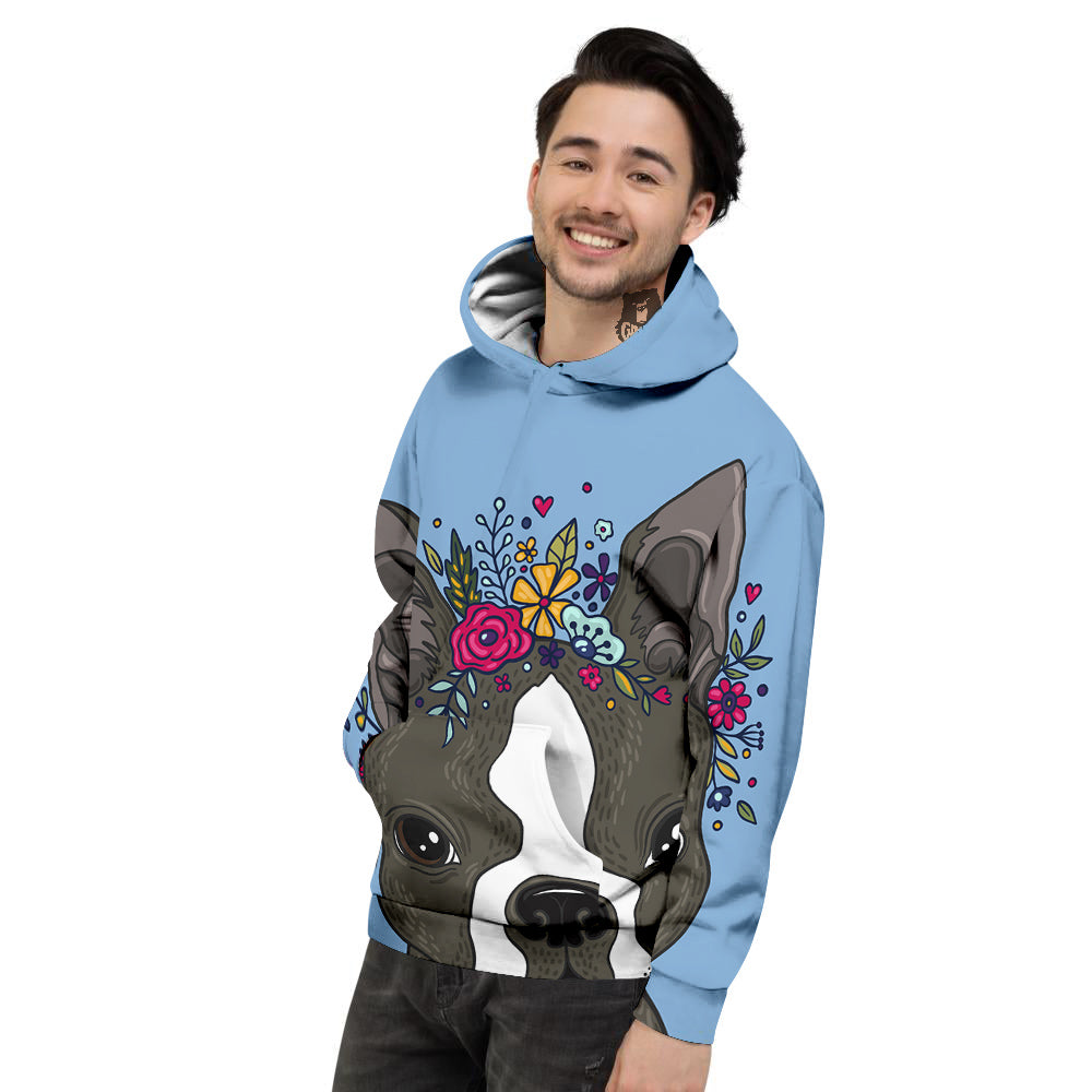 Flower Boston Terrier Cartoon Print Men's Hoodie-grizzshop