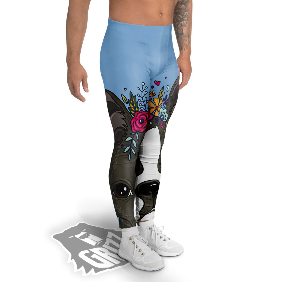 Flower Boston Terrier Cartoon Print Men's Leggings-grizzshop