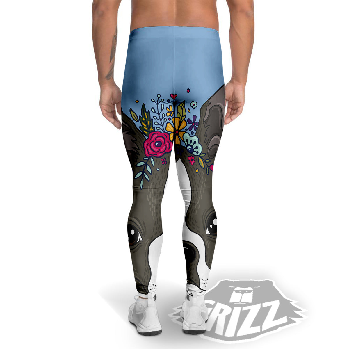 Flower Boston Terrier Cartoon Print Men's Leggings-grizzshop