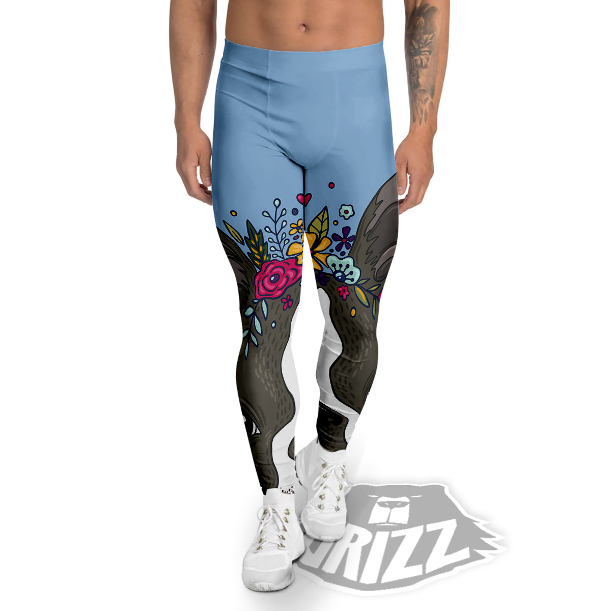 Flower Boston Terrier Cartoon Print Men's Leggings-grizzshop