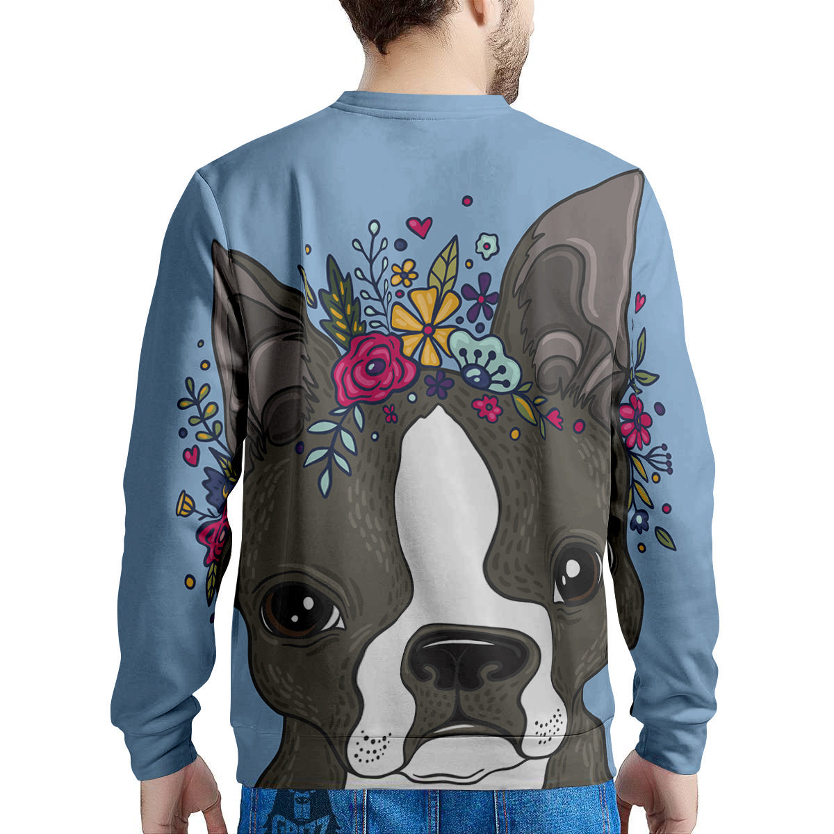 Flower Boston Terrier Cartoon Print Men's Sweatshirt-grizzshop