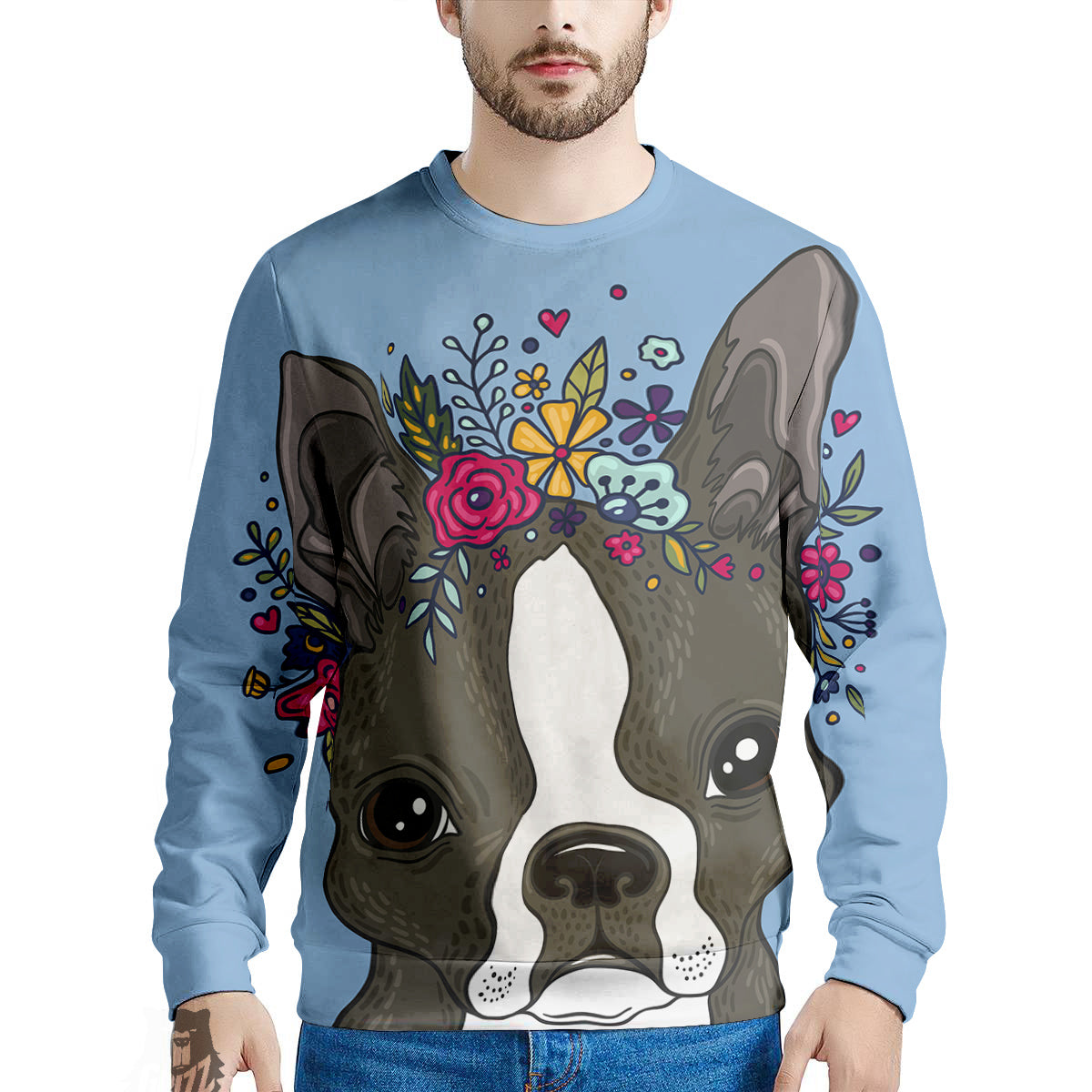 Flower Boston Terrier Cartoon Print Men's Sweatshirt-grizzshop