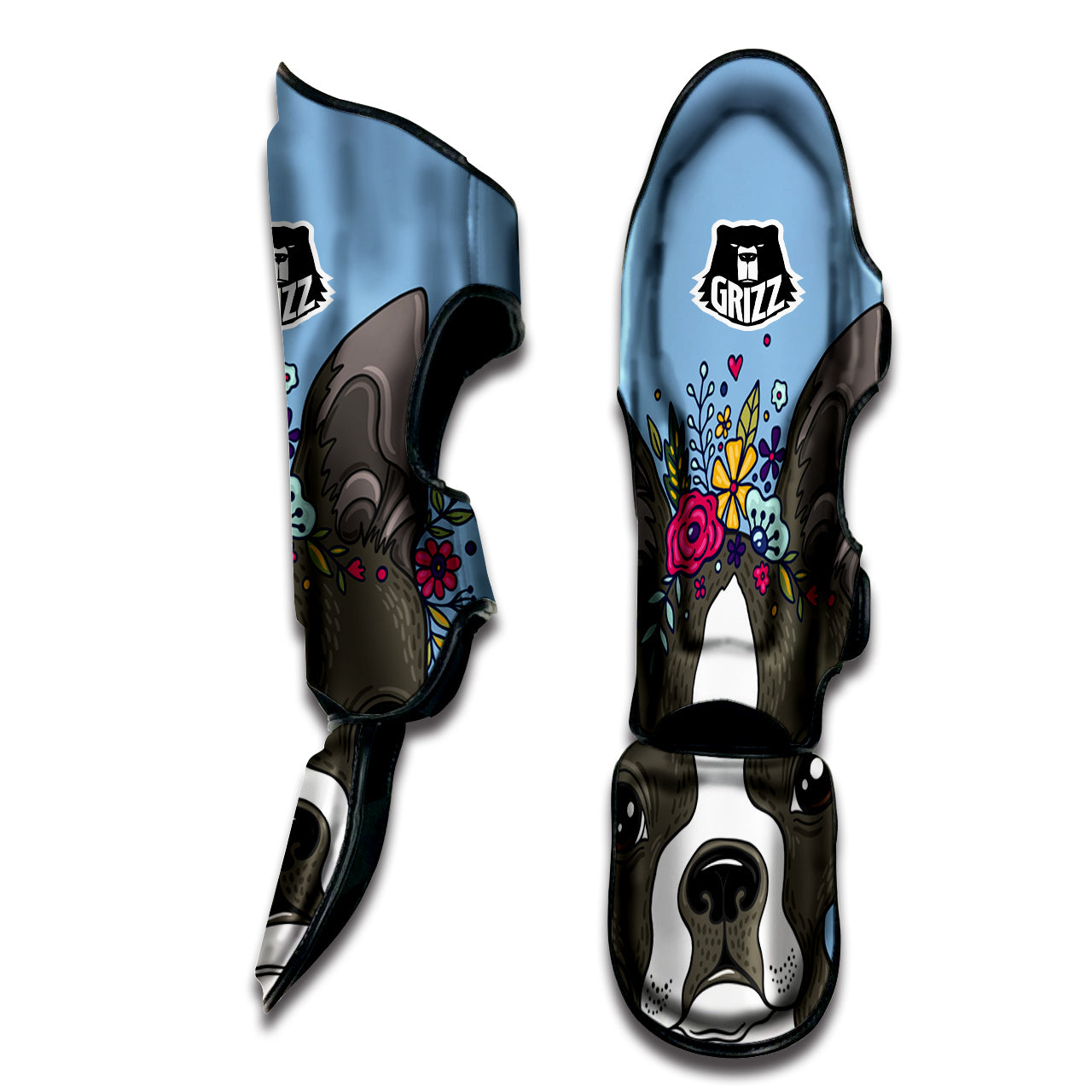 Flower Boston Terrier Cartoon Print Muay Thai Shin Guards-grizzshop