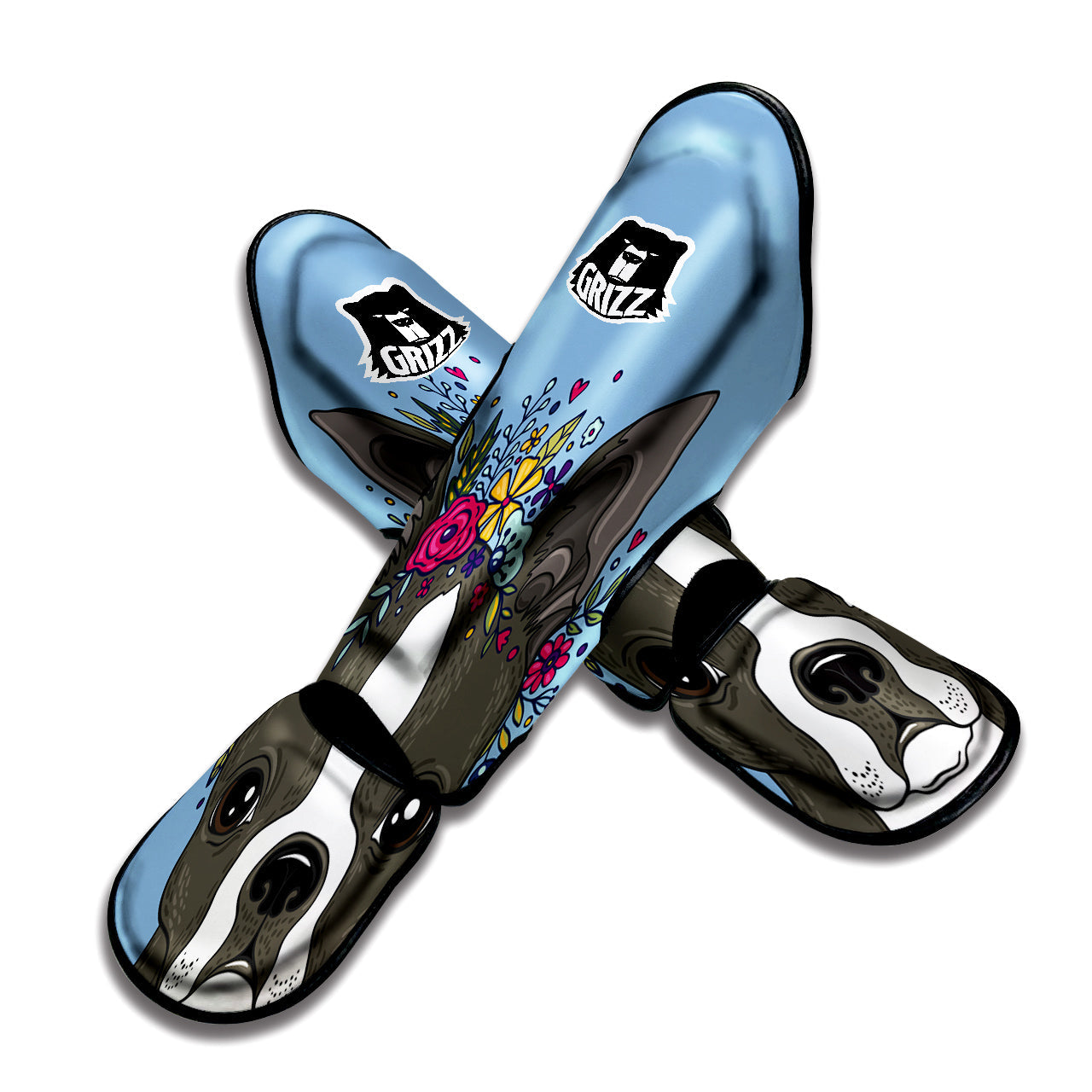 Flower Boston Terrier Cartoon Print Muay Thai Shin Guards-grizzshop