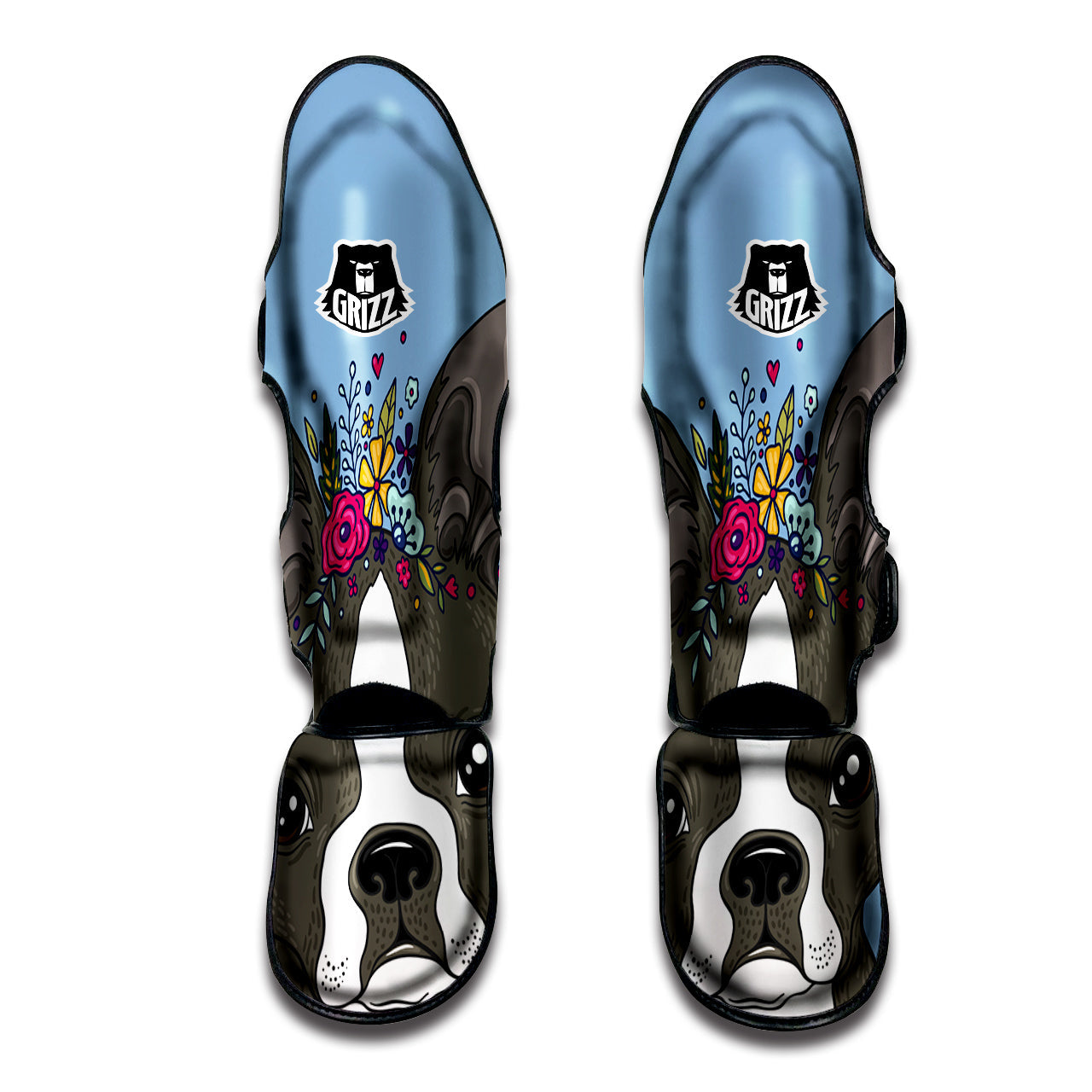 Flower Boston Terrier Cartoon Print Muay Thai Shin Guards-grizzshop