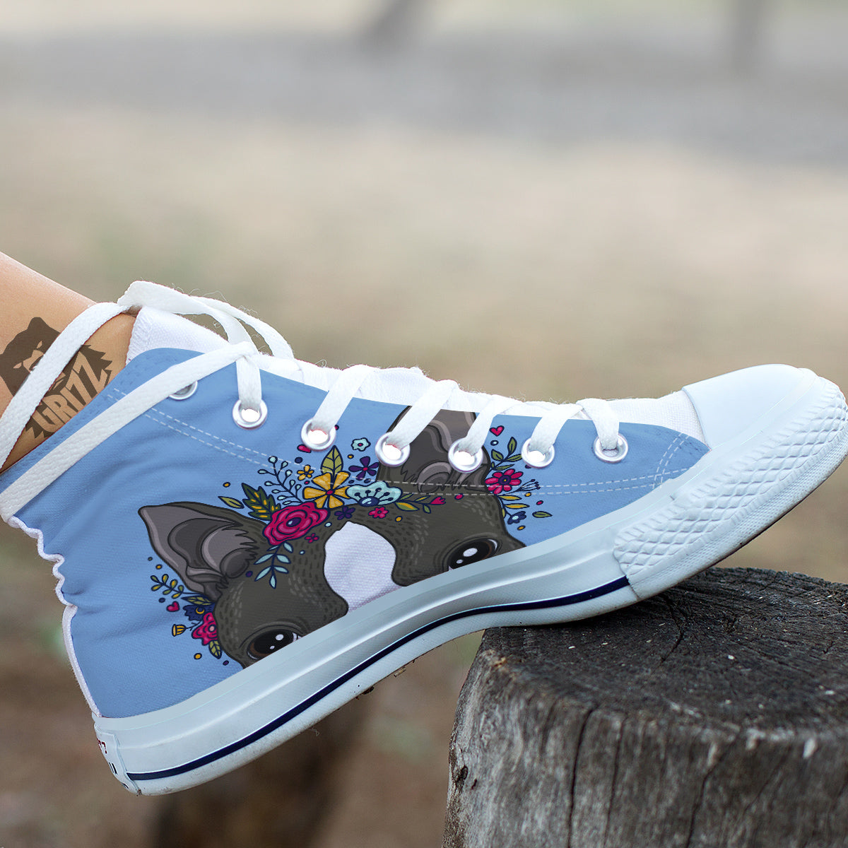 Flower Boston Terrier Cartoon Print White High Top Shoes-grizzshop