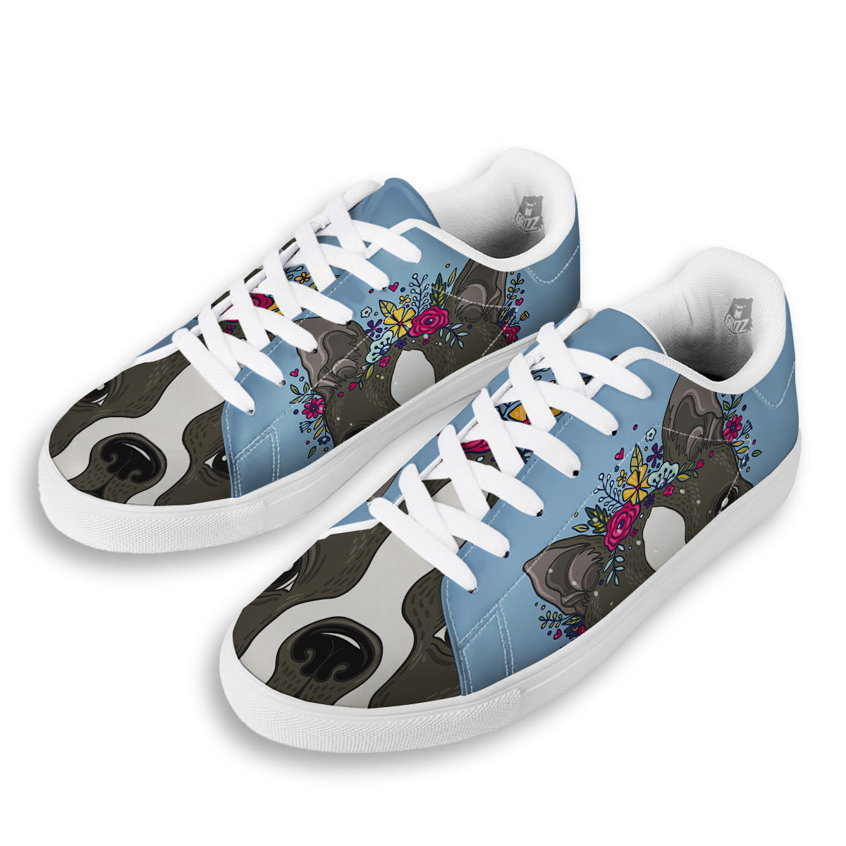 Flower Boston Terrier Cartoon Print White Low Top Sneakers-grizzshop