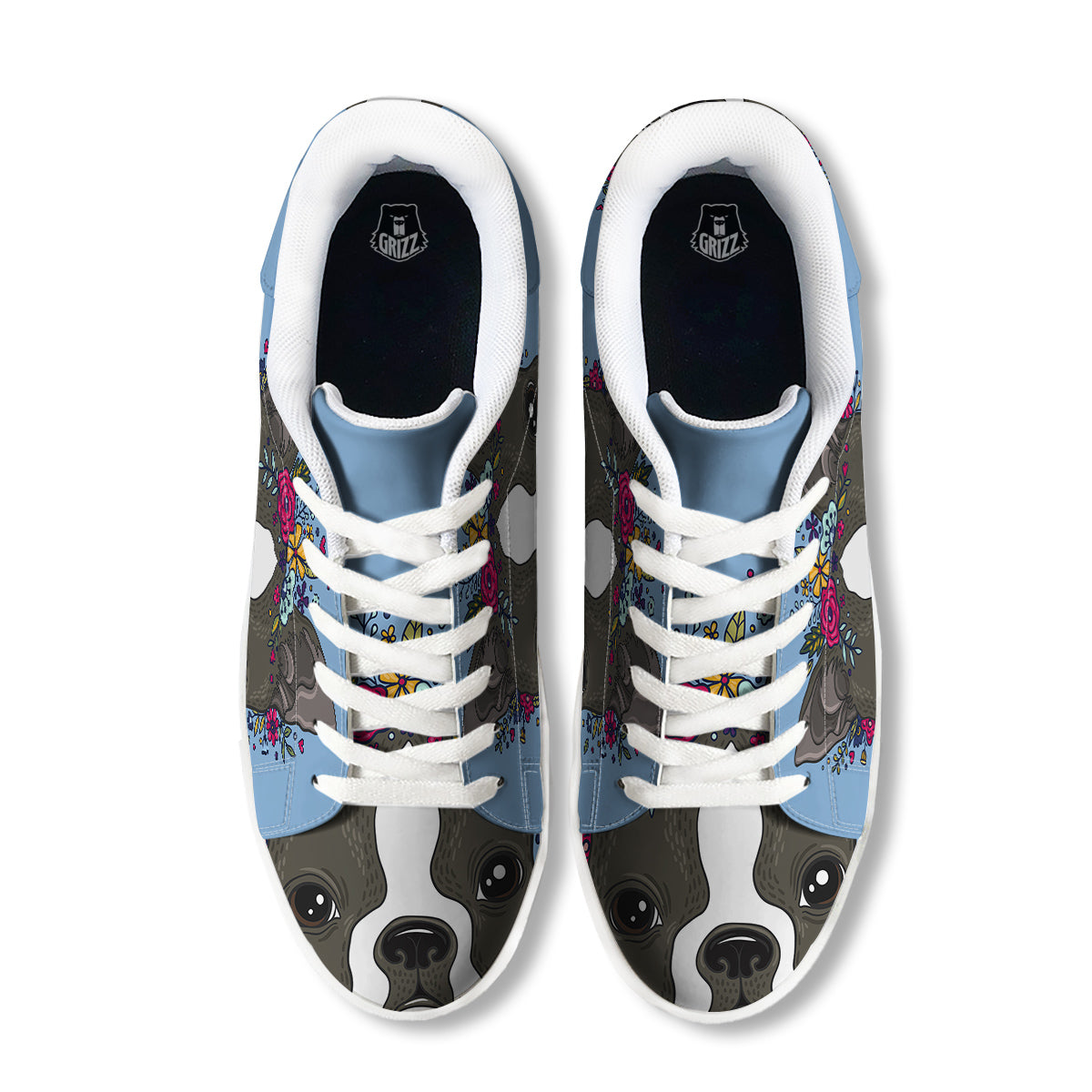 Flower Boston Terrier Cartoon Print White Low Top Sneakers-grizzshop