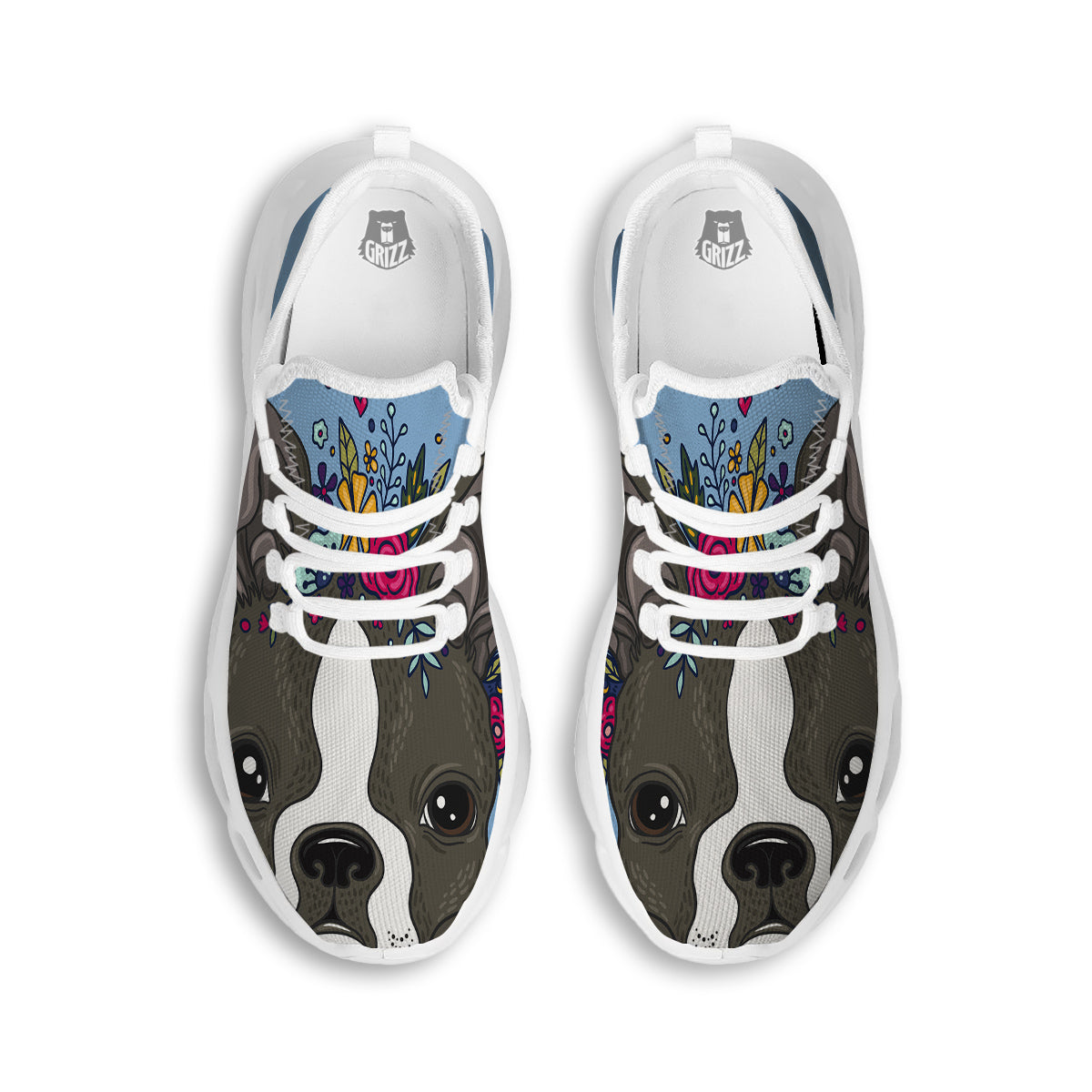 Flower Boston Terrier Cartoon Print White Running Shoes-grizzshop