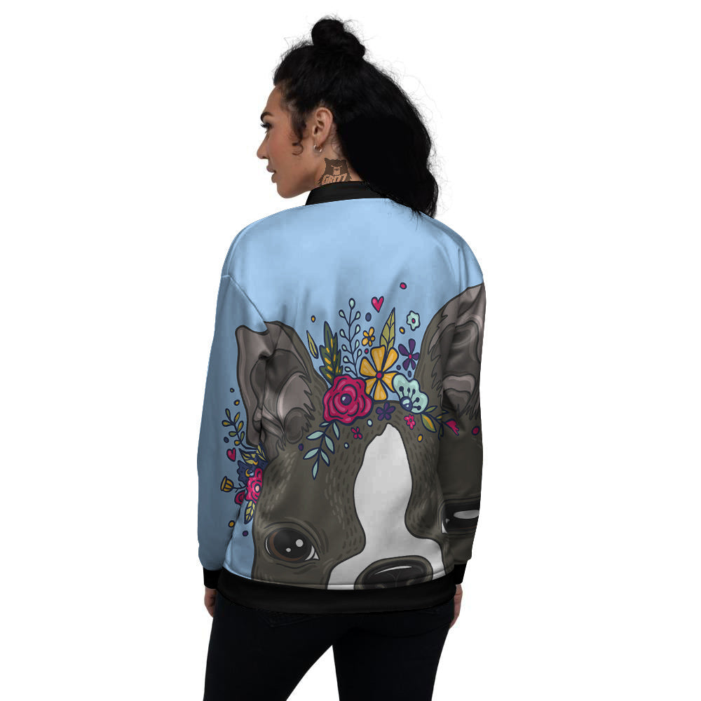 Flower Boston Terrier Cartoon Print Women's Bomber Jacket-grizzshop