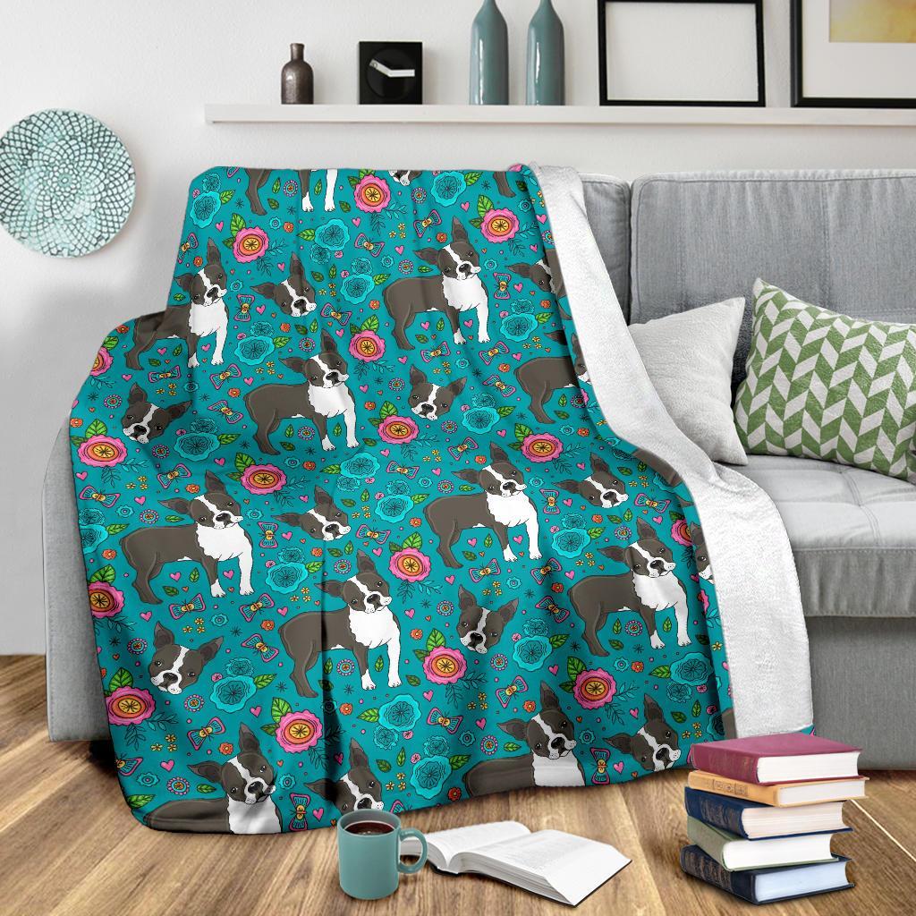 Flower Boston Terrier Pattern Print Blanket-grizzshop