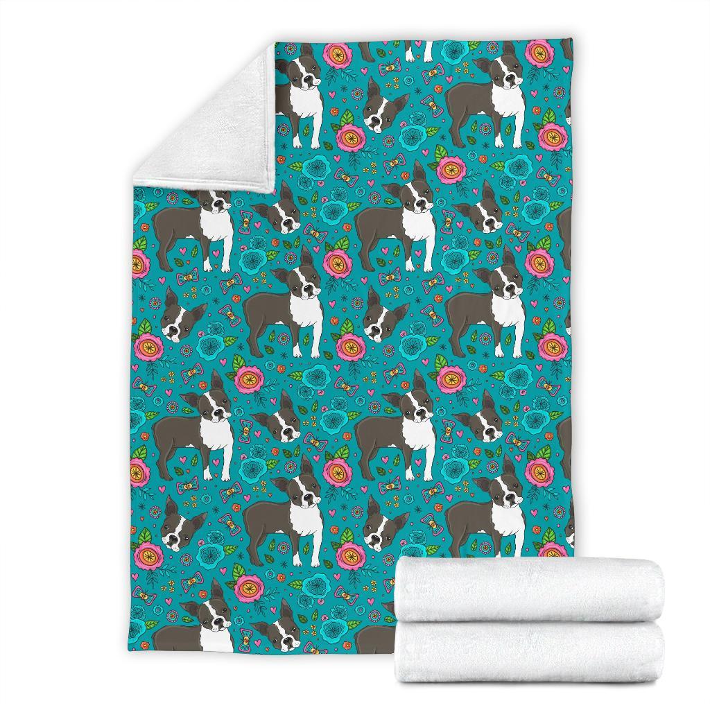 Flower Boston Terrier Pattern Print Blanket-grizzshop