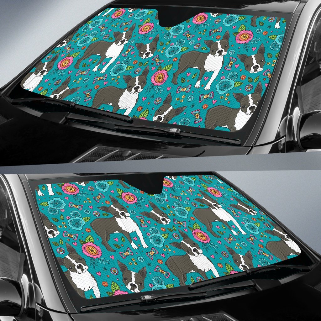 Flower Boston Terrier Pattern Print Car Sun Shade-grizzshop