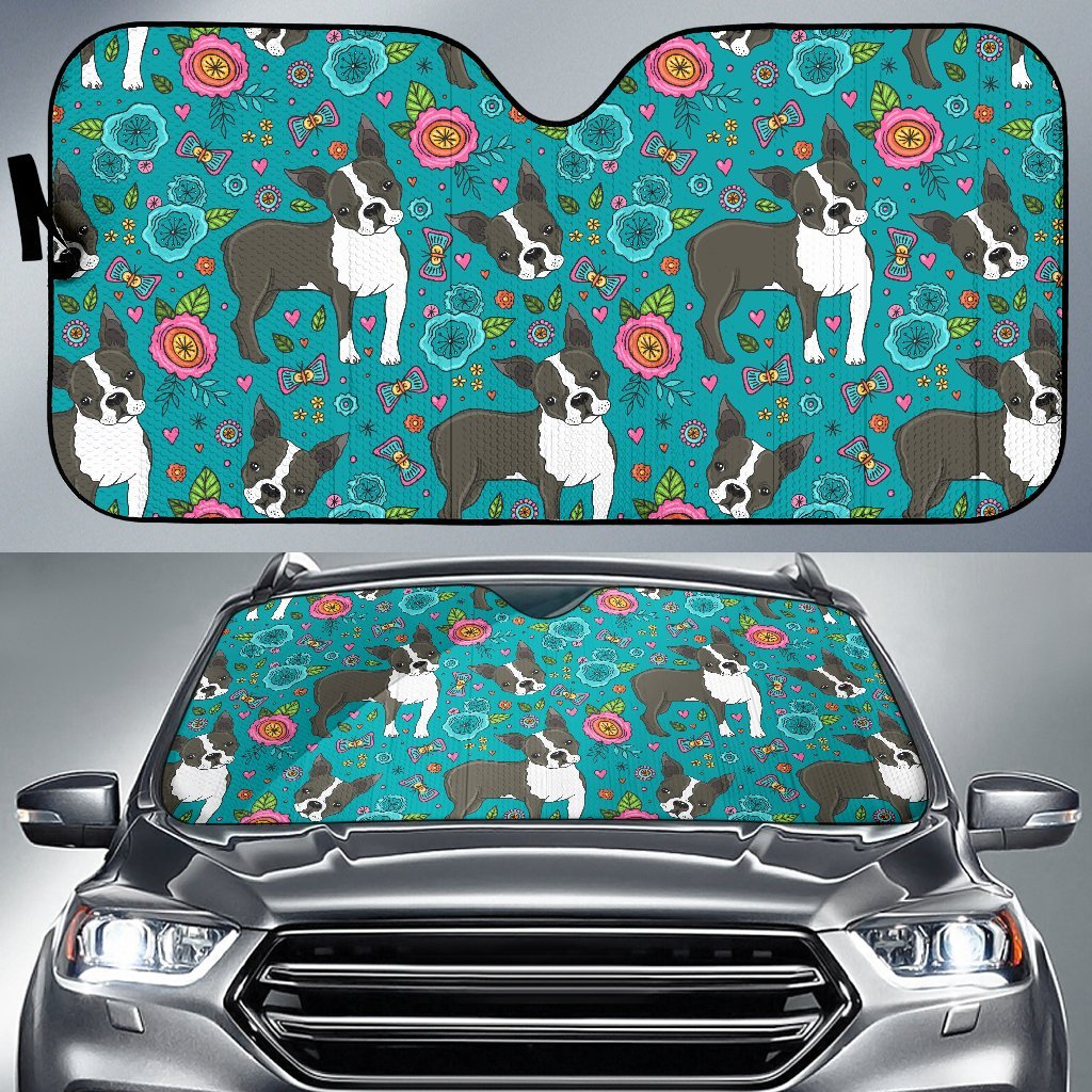 Flower Boston Terrier Pattern Print Car Sun Shade-grizzshop
