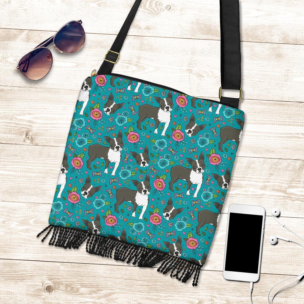 Flower Boston Terrier Pattern Print Crossbody Bags-grizzshop