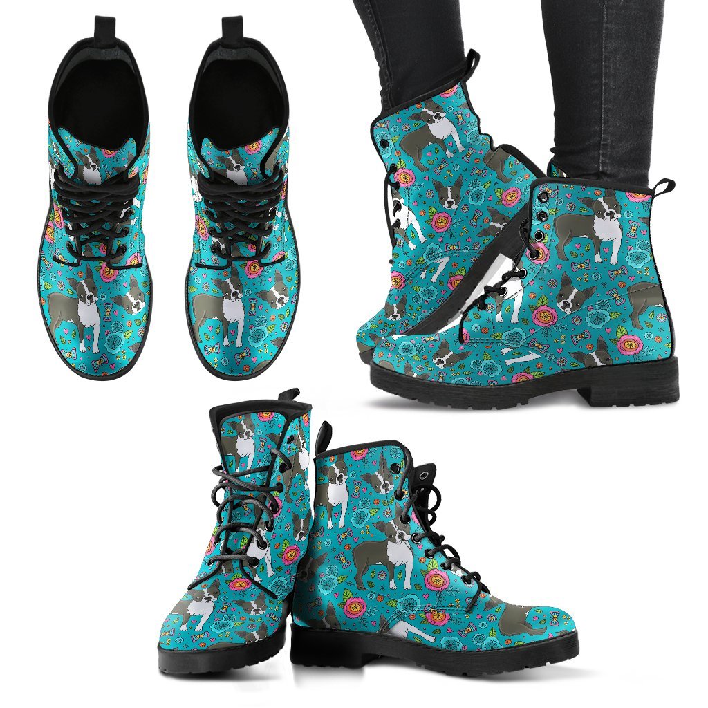 Flower Boston Terrier Pattern Print Men Women Leather Boots-grizzshop