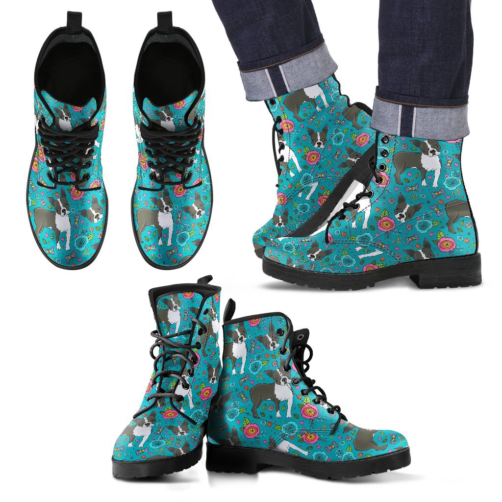 Flower Boston Terrier Pattern Print Men Women Leather Boots-grizzshop