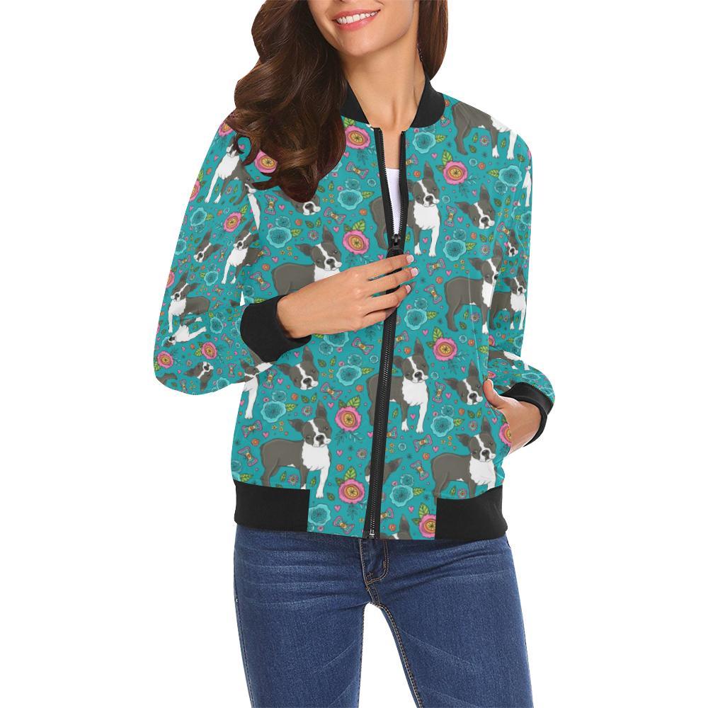 Flower Boston Terrier Pattern Print Women Casual Bomber Jacket-grizzshop