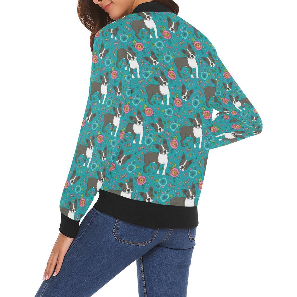 Flower Boston Terrier Pattern Print Women Casual Bomber Jacket-grizzshop